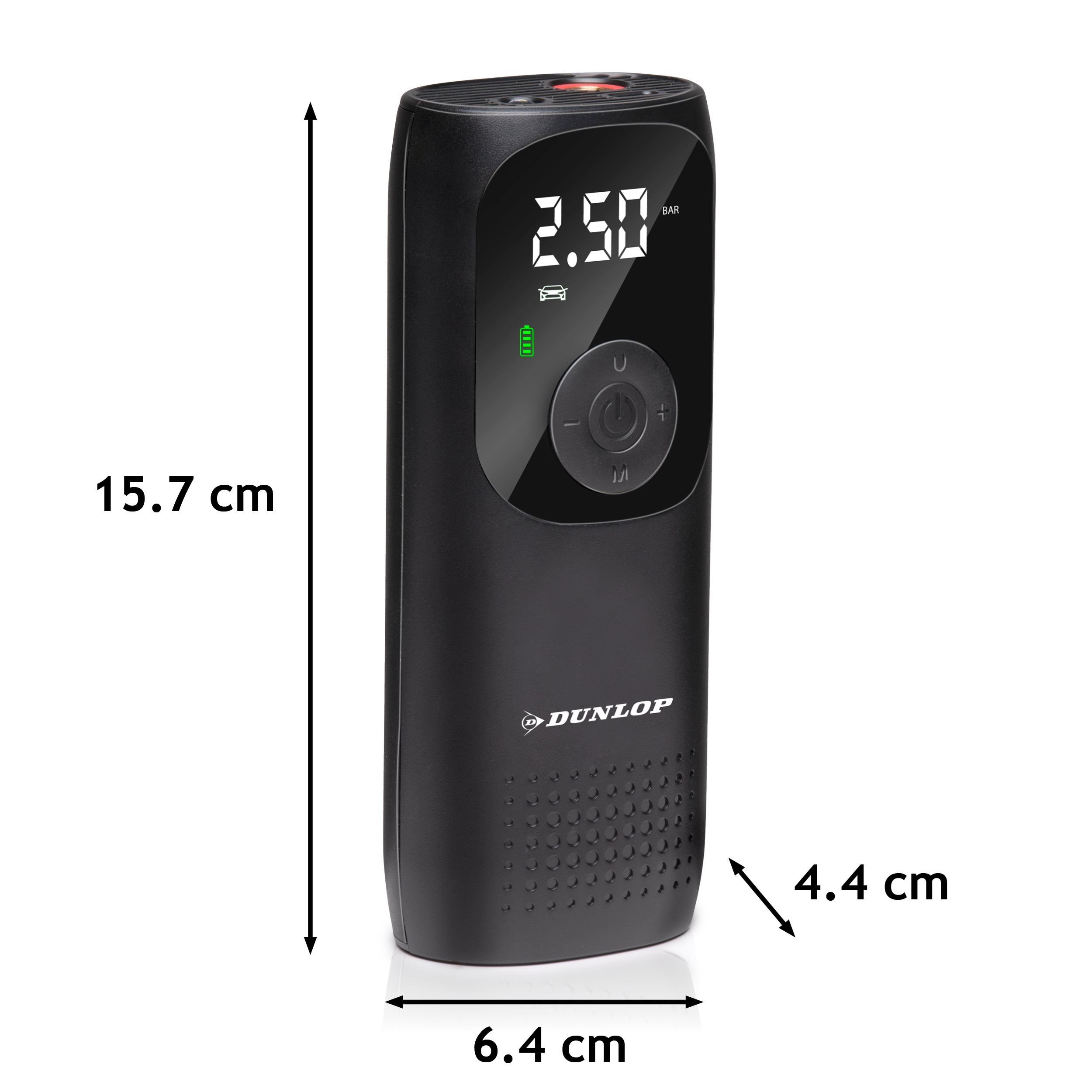 A black air pump with dimensions listed. The pump has a digital display and a power button.