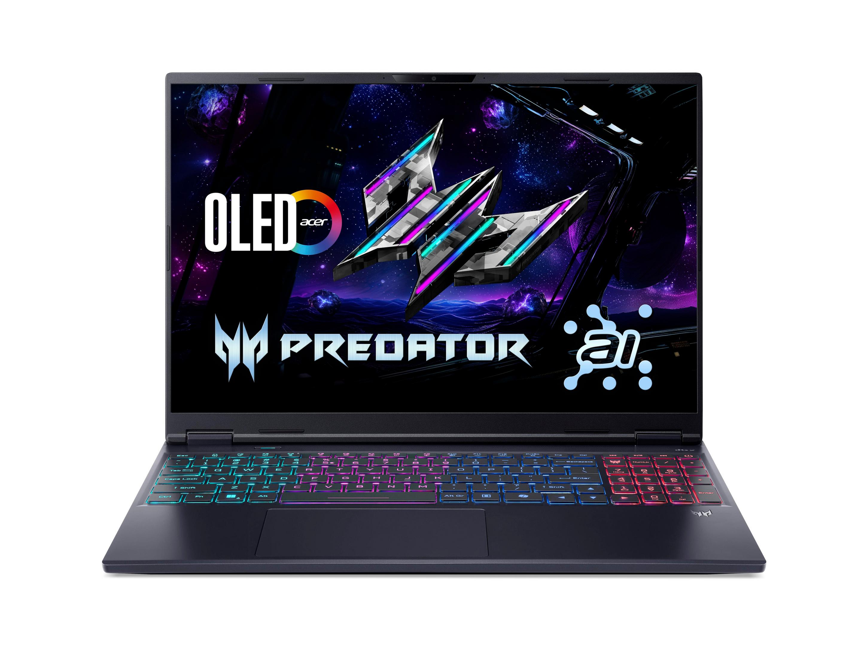 Czarny laptop z kolorową klawiaturą, logo Acer Predator i dużym ekranem.