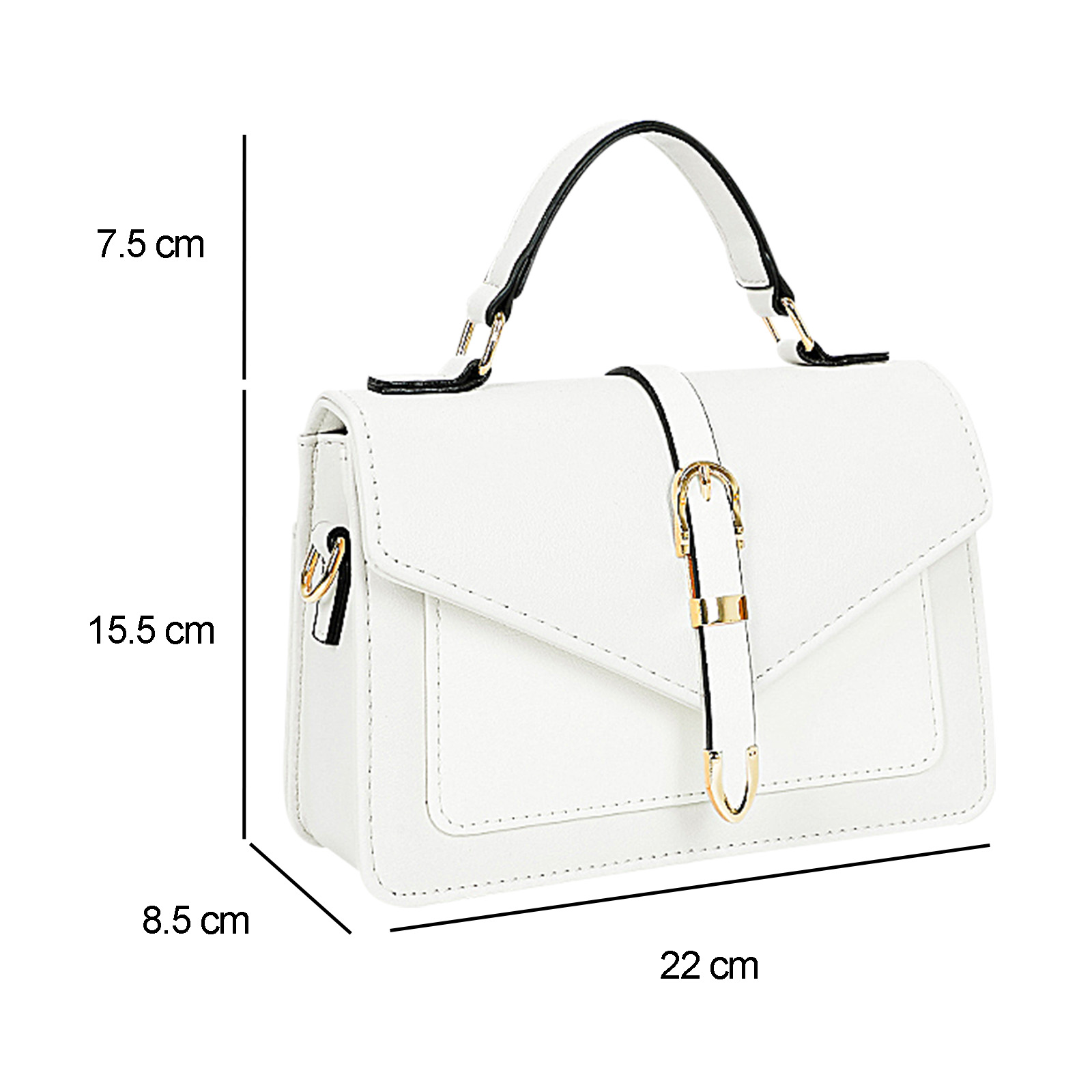 Bolso blanco con dimensiones. Hebilla dorada, asa negra y fondo blanco.