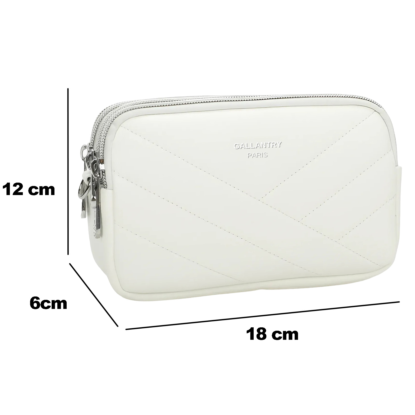 Un bolso blanco con dimensiones etiquetadas. La bolsa es rectangular y tiene cremallera plateada.