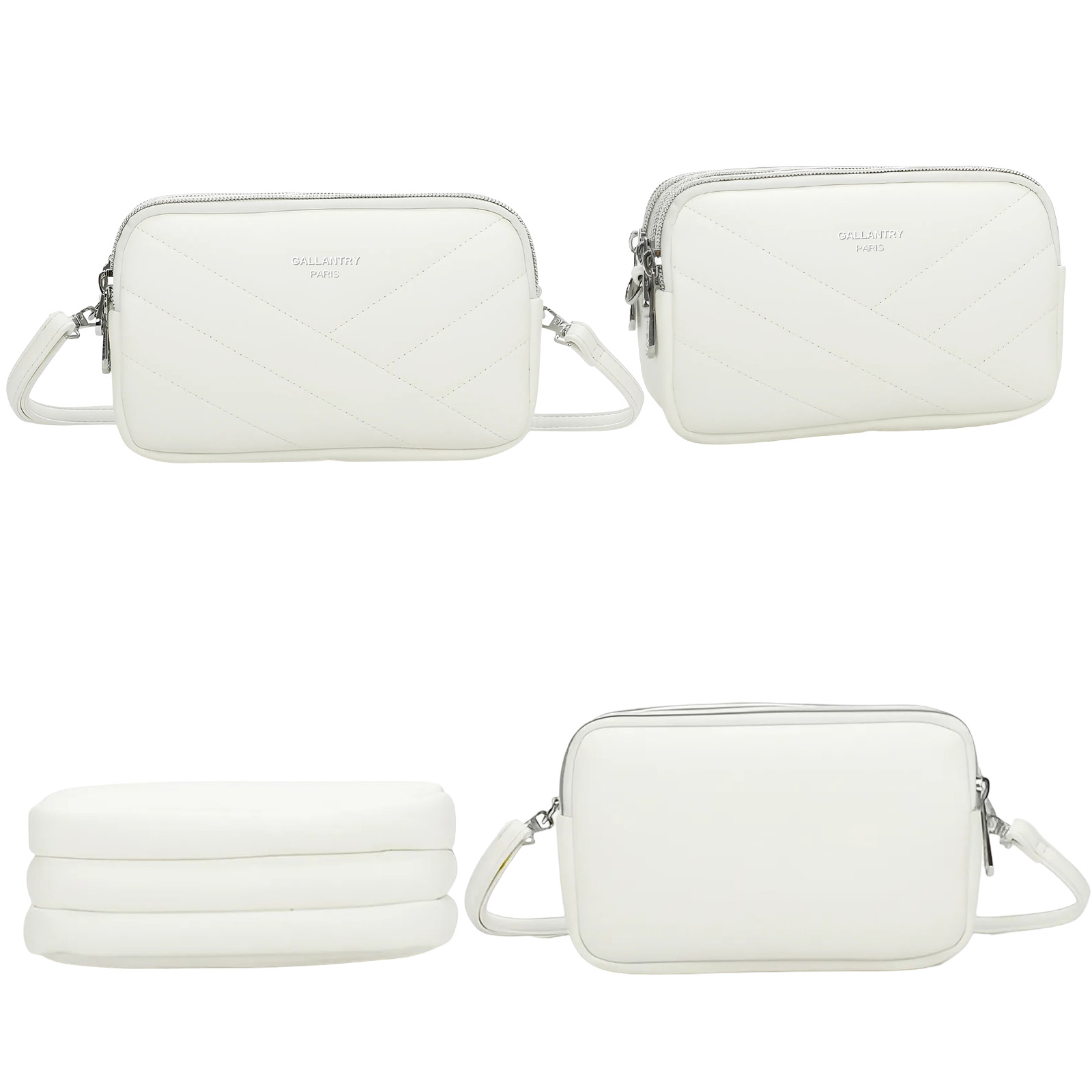 Se muestran cuatro bolsos blancos. Tienen cremalleras plateadas y el nombre de la marca es visible.