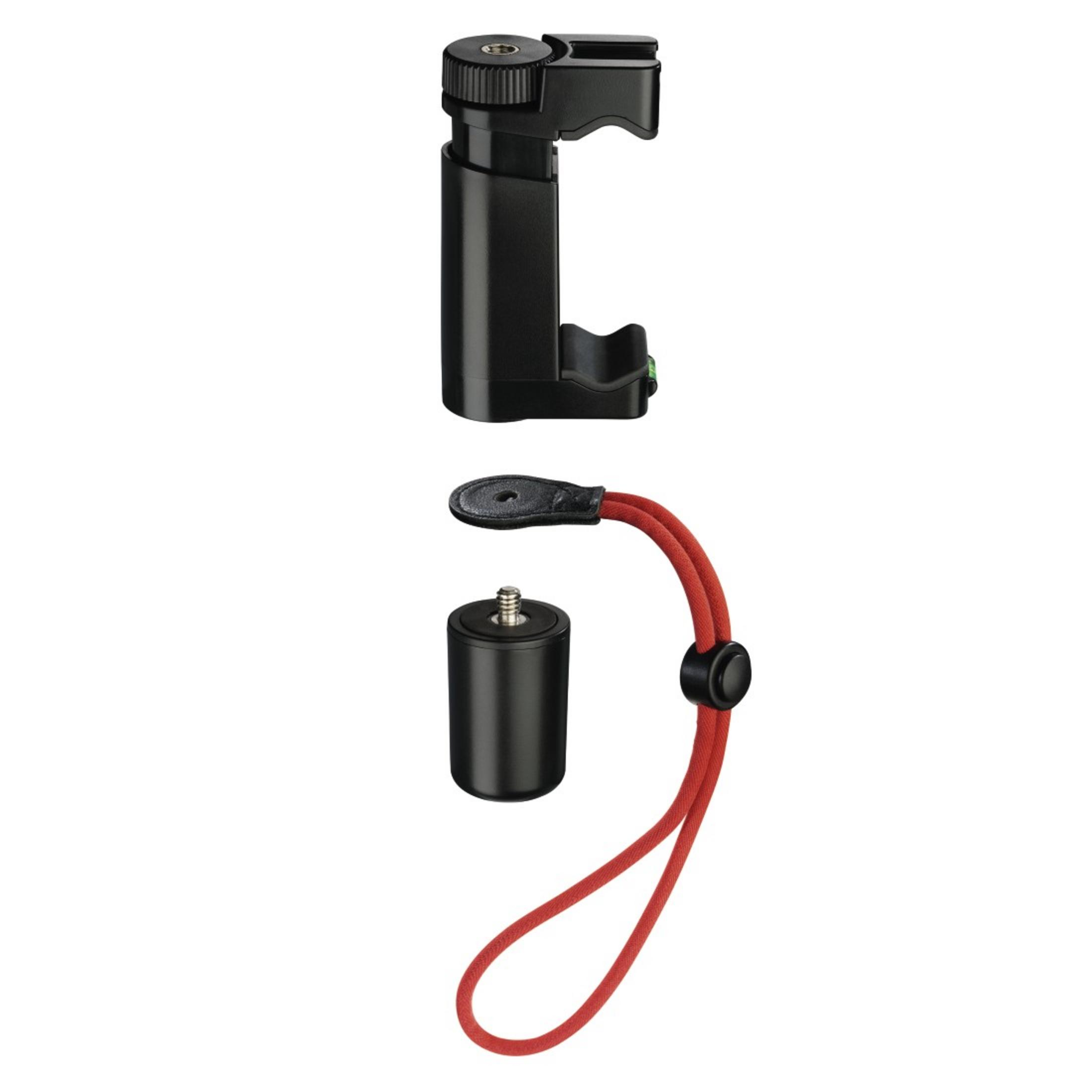 Schwarze Smartphone-Halterungsteile: eine Klemme, eine Schraubhalterung und ein rotes Schlüsselband.