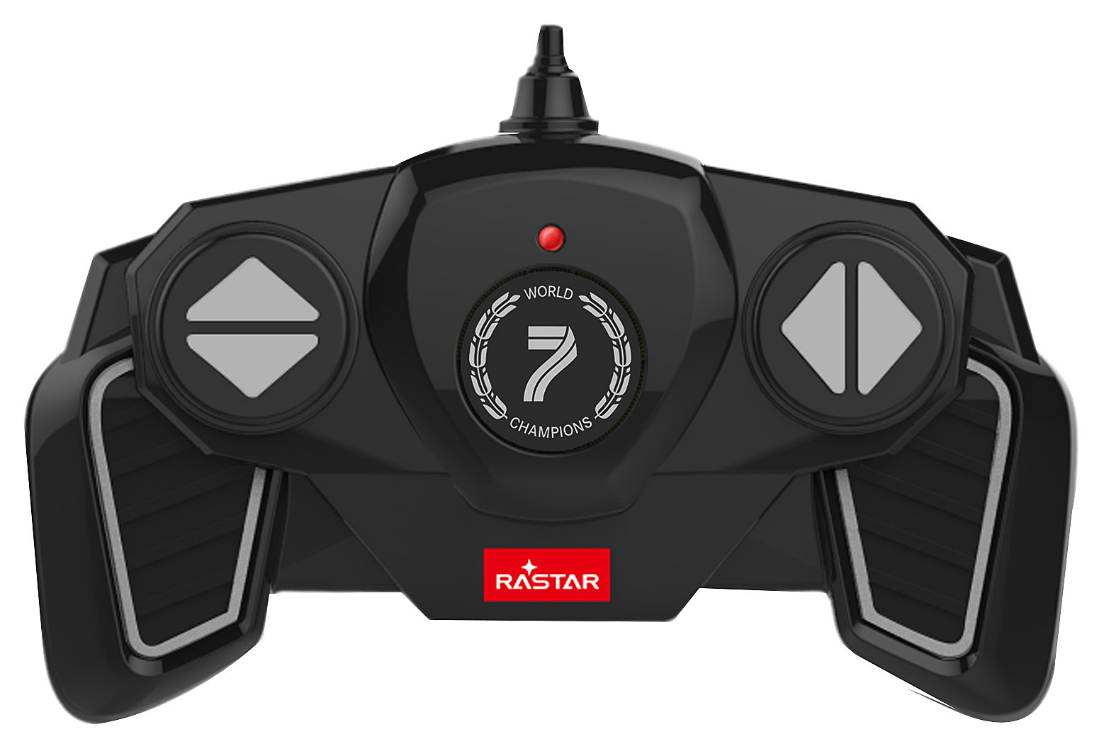 Eine schwarze Fernbedienung mit Knöpfen und einem zentralen Logo mit der Aufschrift 'WORLD 7 CHAMPIONS'. Die Marke 'RASTAR' ist sichtbar.