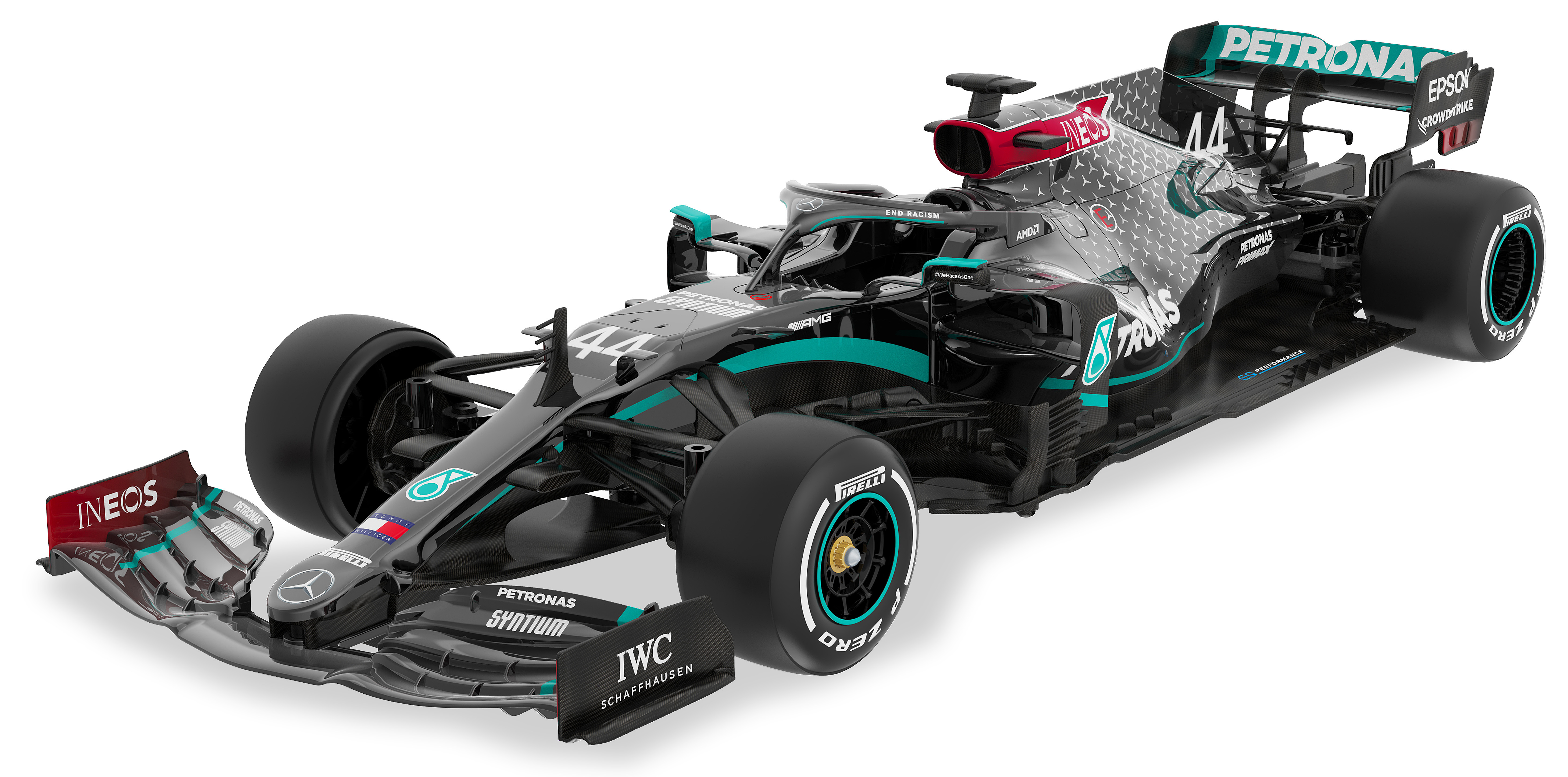 Ein Formel-1-Rennwagen, überwiegend schwarz und blaugrün, mit der Nummer 44. Das Auto zeigt Sponsorenlogos und Beschriftungen.
