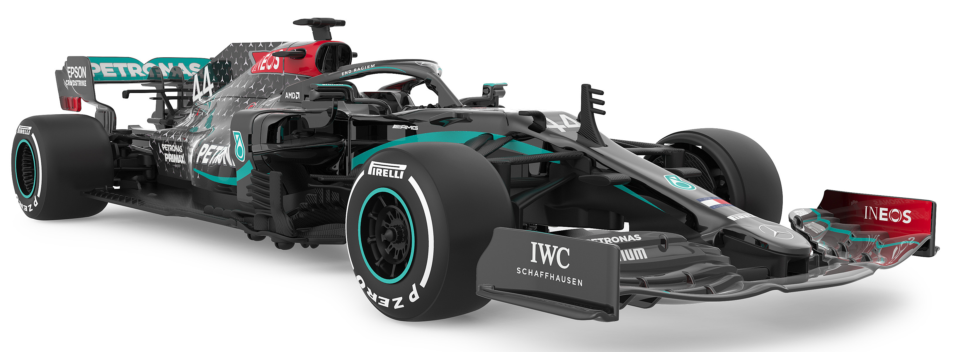 Ein Formel-1-Rennwagen, überwiegend schwarz und blaugrün, mit der Nummer 44. Das Auto zeigt Sponsorenlogos und Beschriftungen.