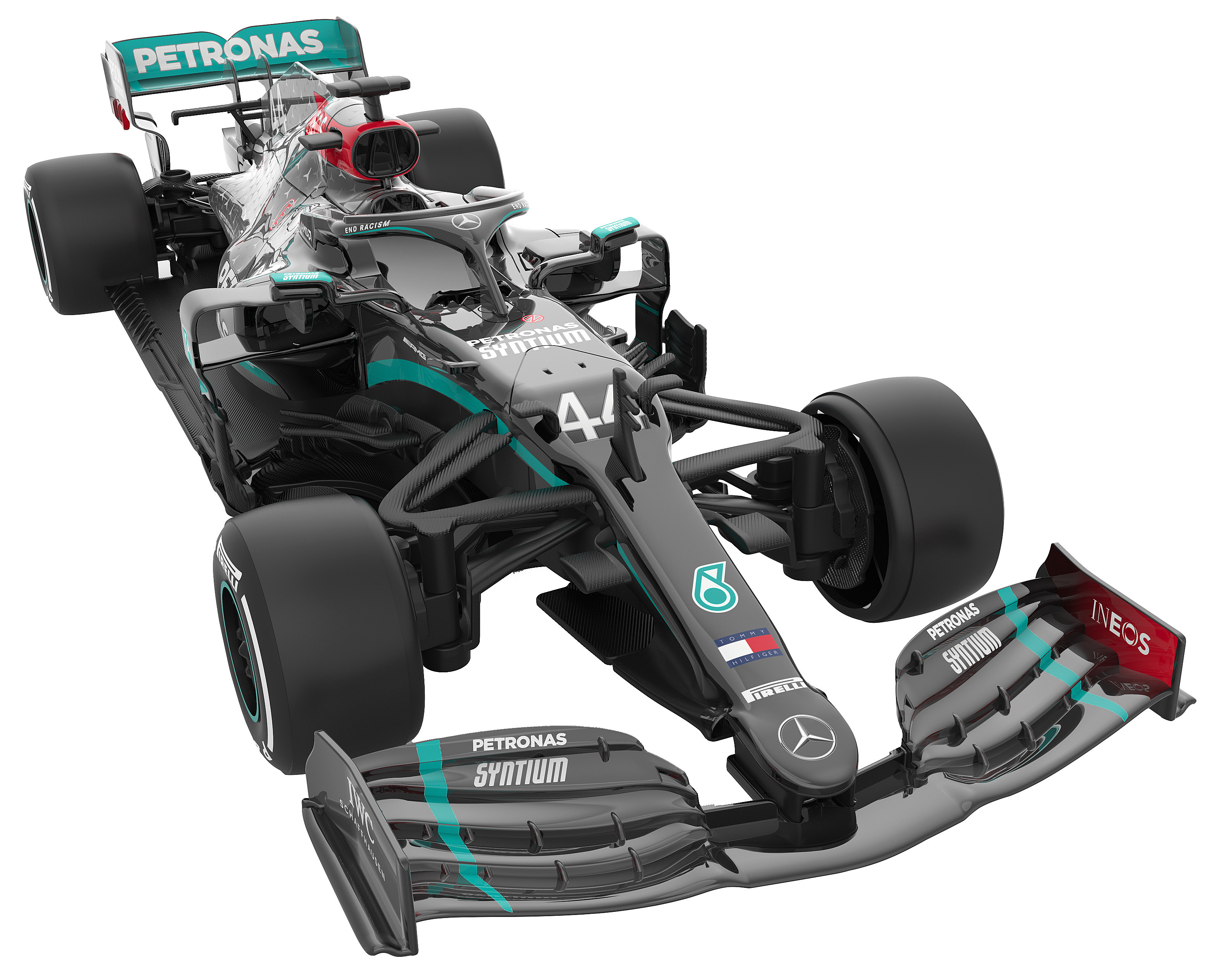 Ein Formel-1-Rennwagen, schwarz und blaugrün, mit der Nummer 44 an der Seite. Es zeigt Sponsorenlogos und Beschriftungen.
