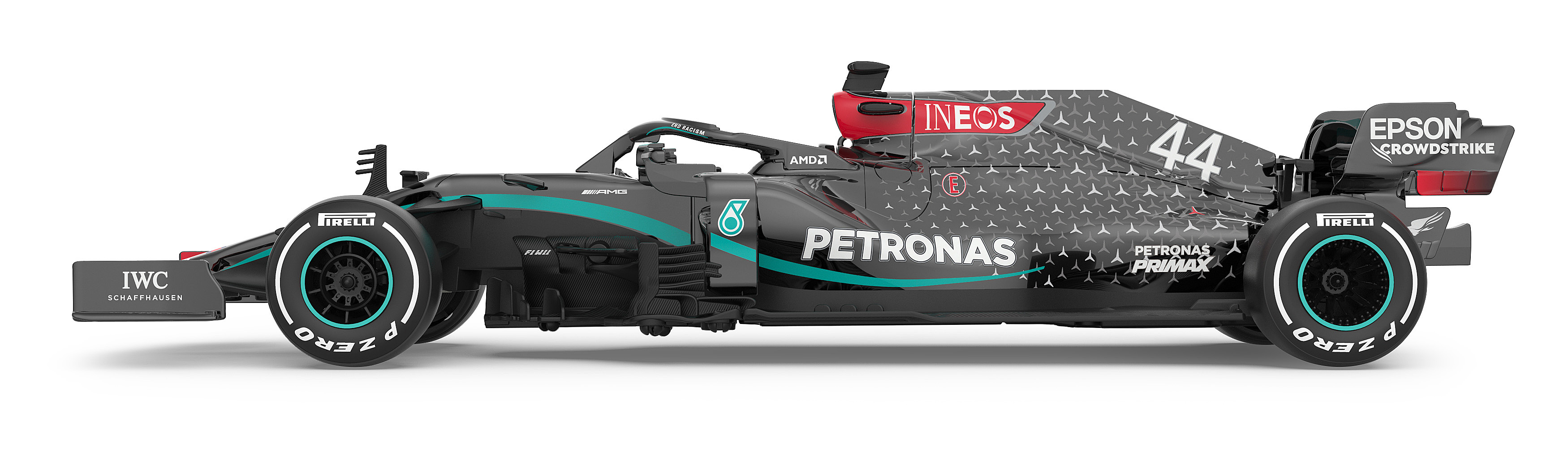 Seitenansicht eines Formel-1-Rennwagens, schwarz mit tealfarbenen Akzenten, zeigt die Nummer 44 und Sponsorenlogos.