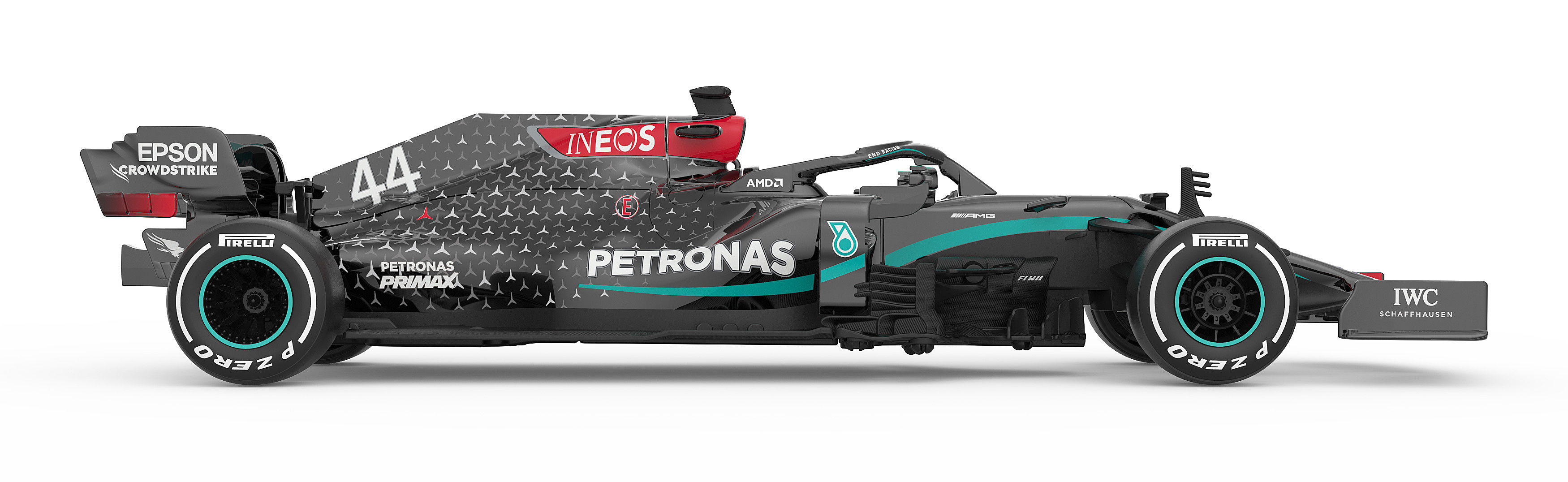 Seitenansicht eines Formel-1-Rennwagens, schwarz mit türkisfarbenen Akzenten, mit der Nummer 44 und Sponsorenlogos.