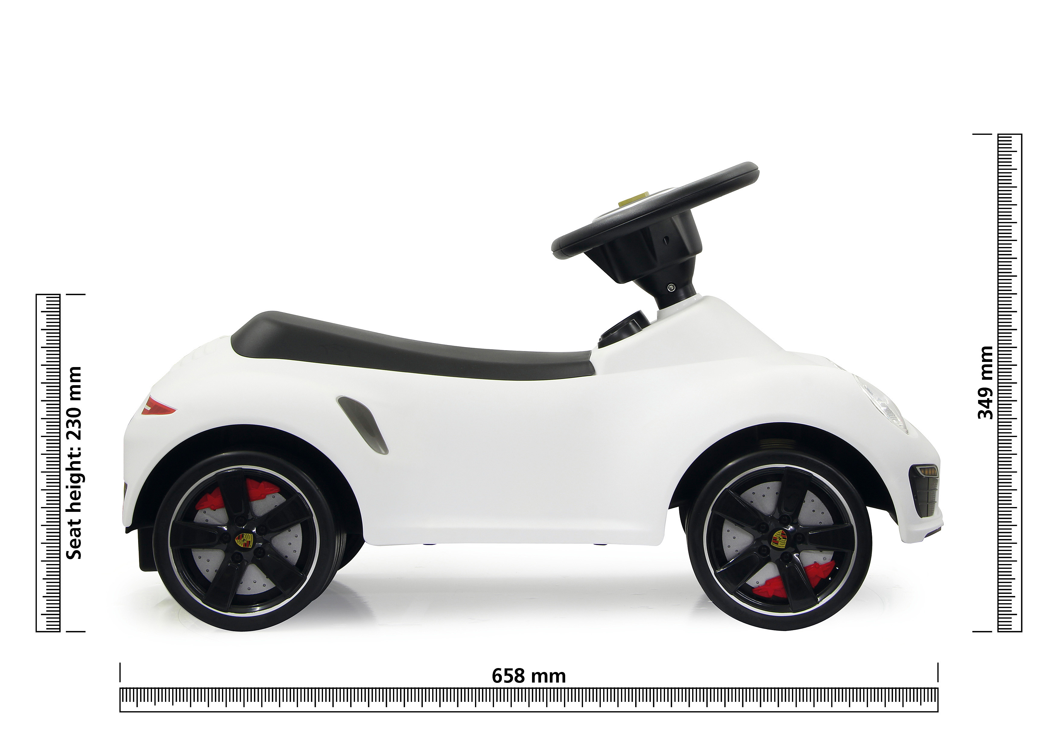 Weißes Spielzeugauto mit schwarzen Reifen. Maße in Millimetern, Höhe und Länge zeigend.