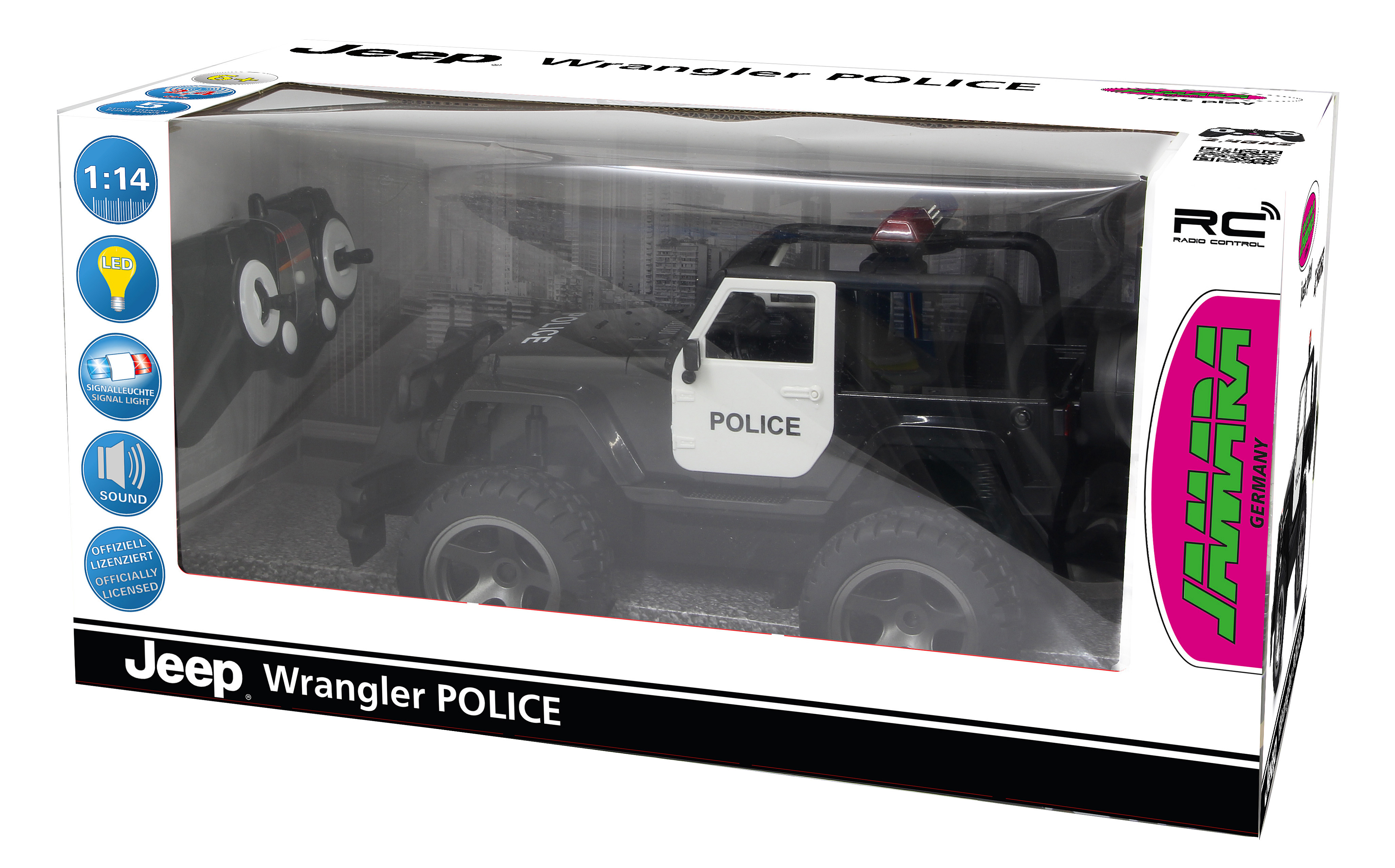 Spielzeug-Polizei-Jeep in einer Box. Die Box zeigt den Jeep, eine Fernbedienung und Details.