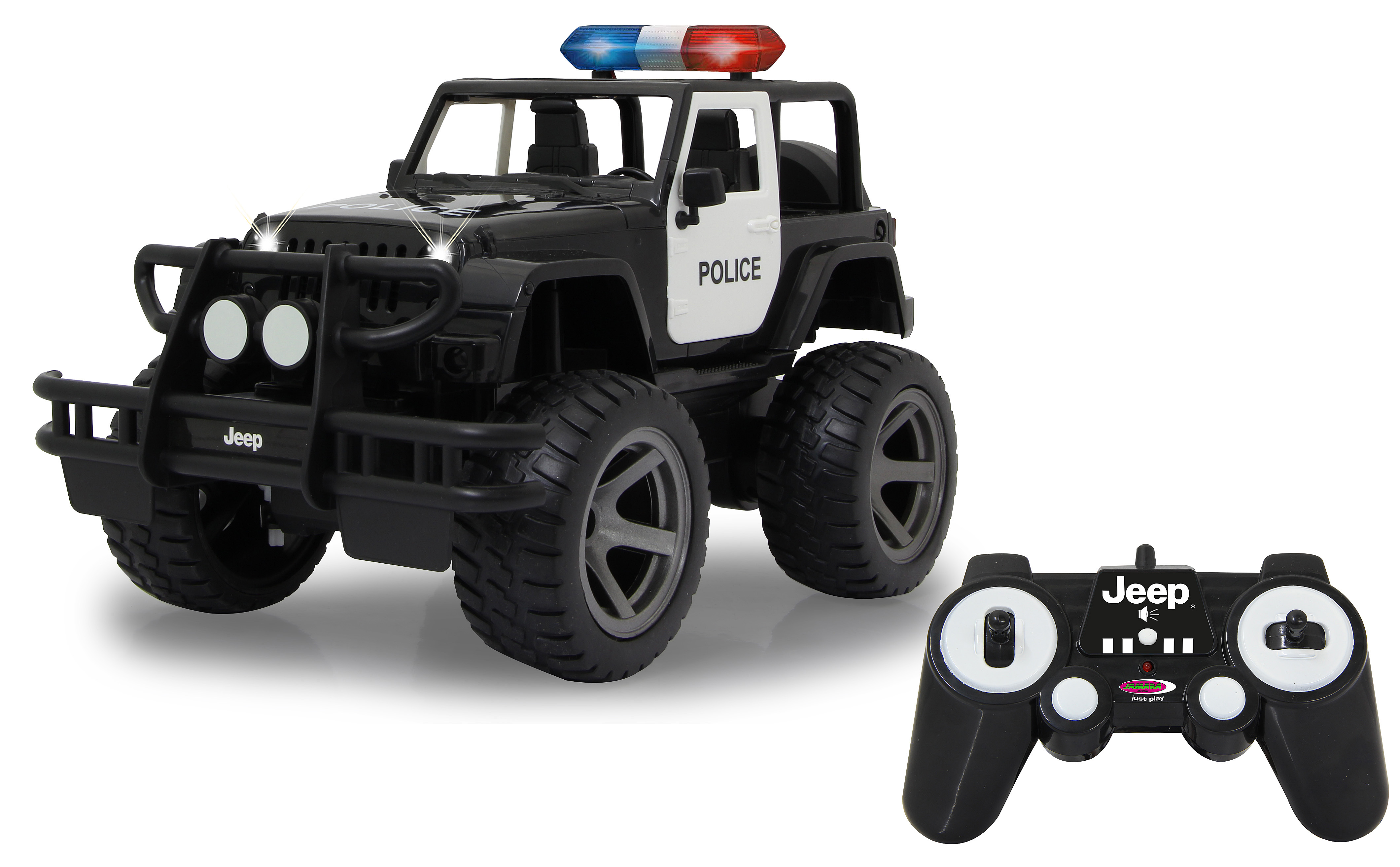 Schwarz-weißer Polizei-Jeep als Spielzeug mit Fernbedienung. Der Jeep hat Blinklichter.