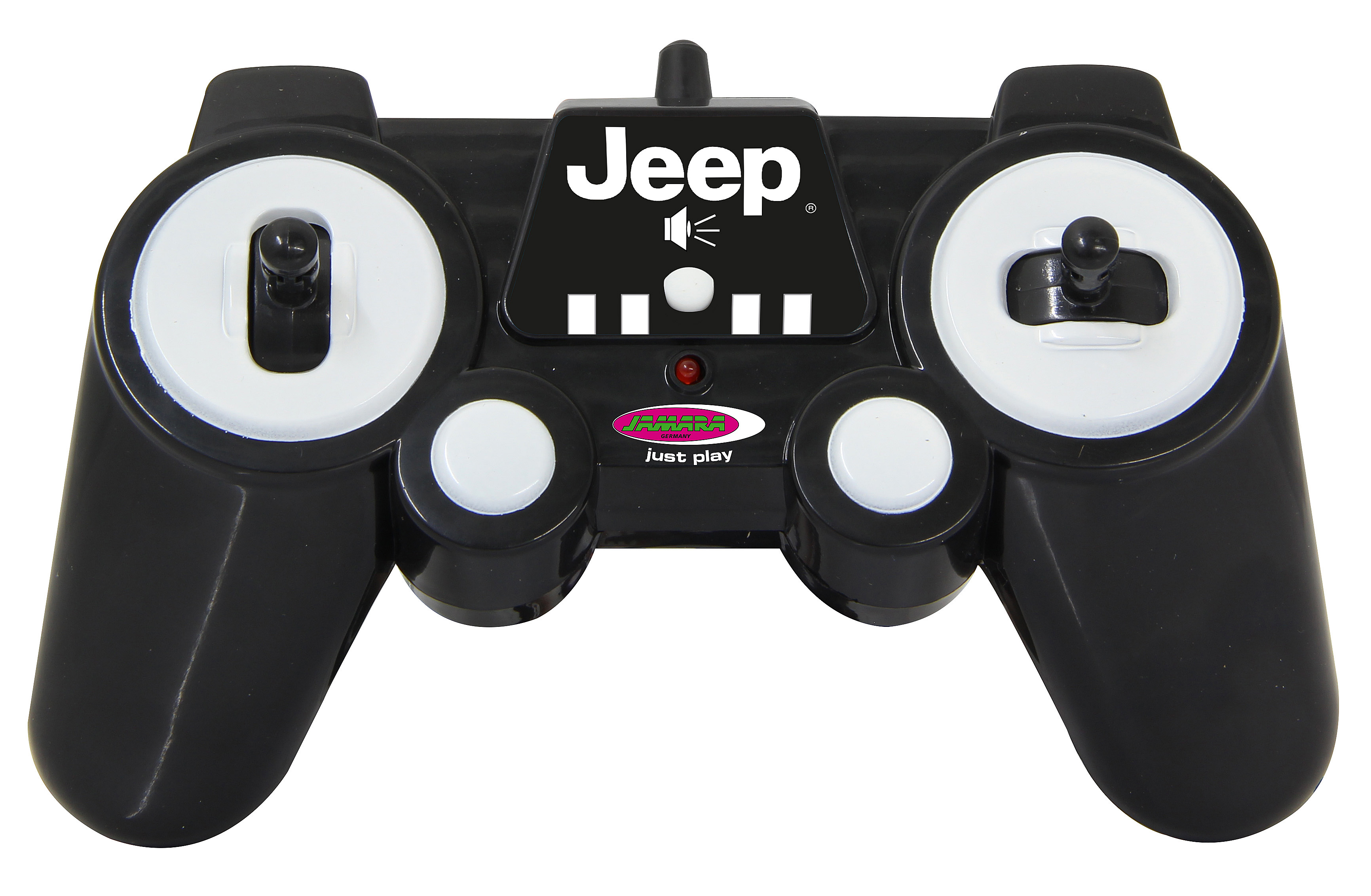 Schwarze Fernbedienung mit Knöpfen und Jeep-Logo. Zur Steuerung eines Spielzeugautos.