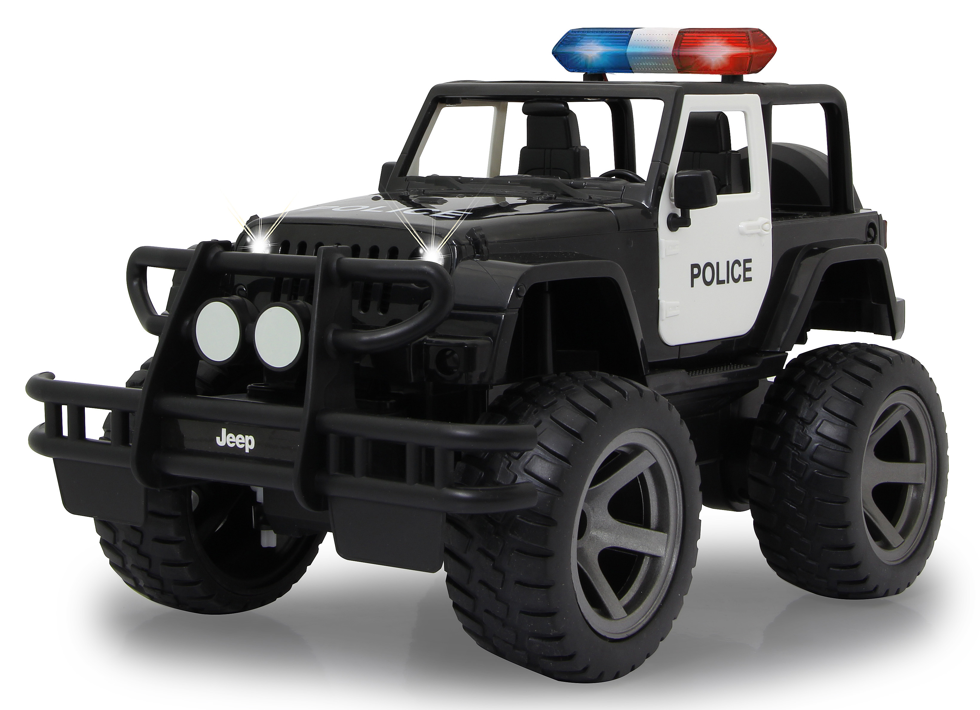 Schwarz-weißer Polizei-Jeep als Spielzeug mit eingeschalteten Lichtern. Frontansicht.