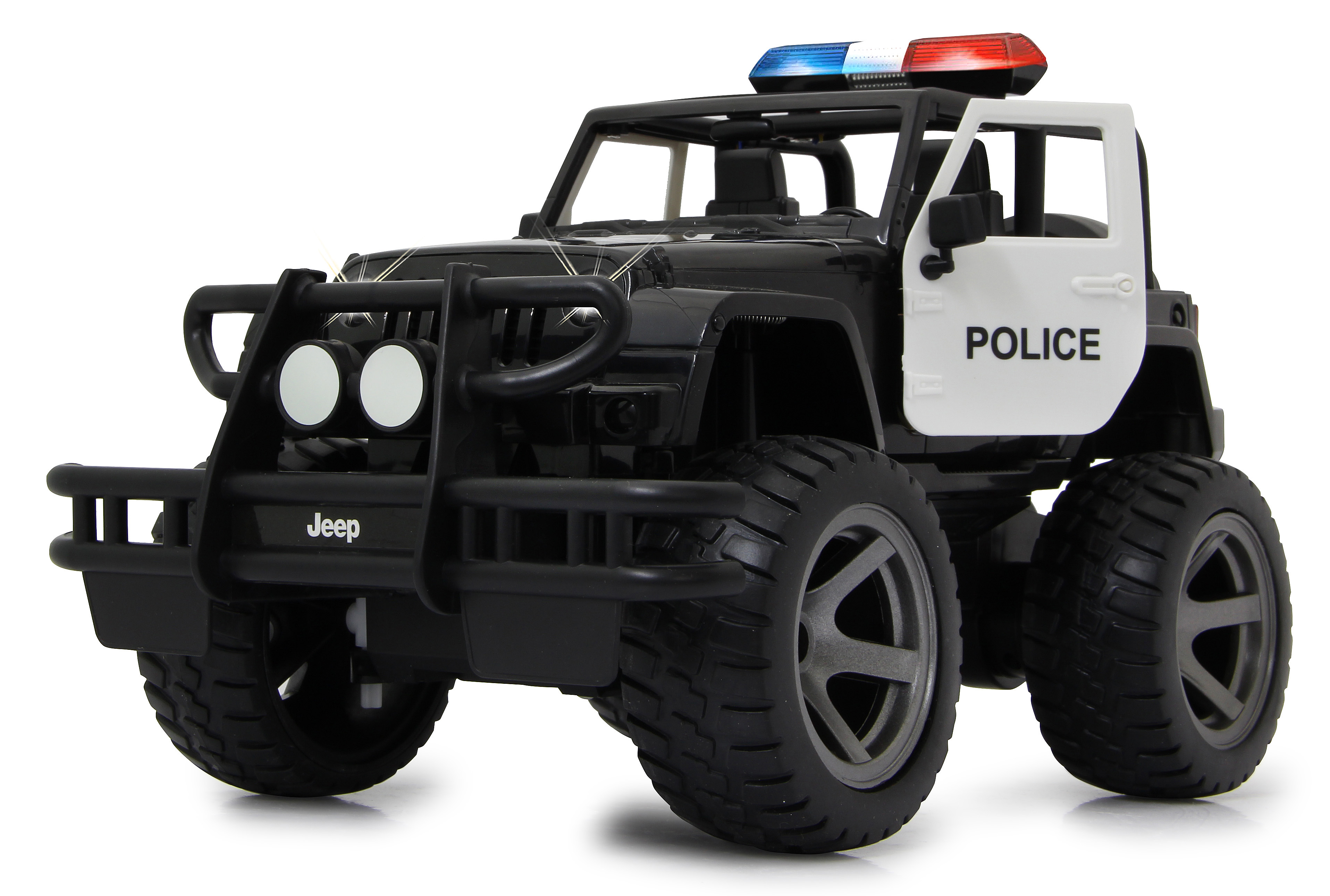 Schwarz-weißer Polizei-Jeep als Spielzeug mit Lichtern. Tür mit Polizei-Schriftzug.
