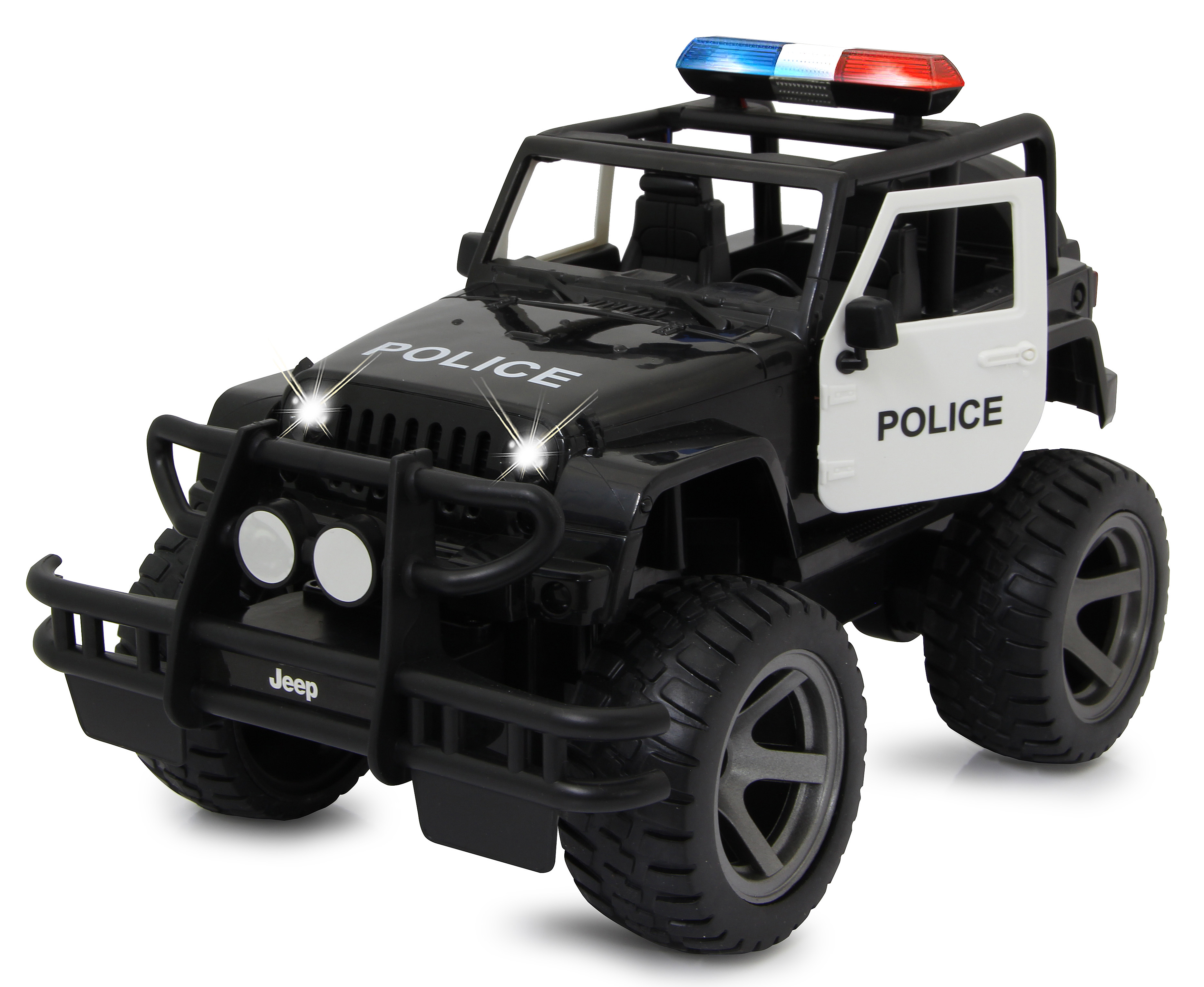 Schwarz-weißer Polizei-Jeep als Spielzeug mit Blinklichtern und offener Tür.