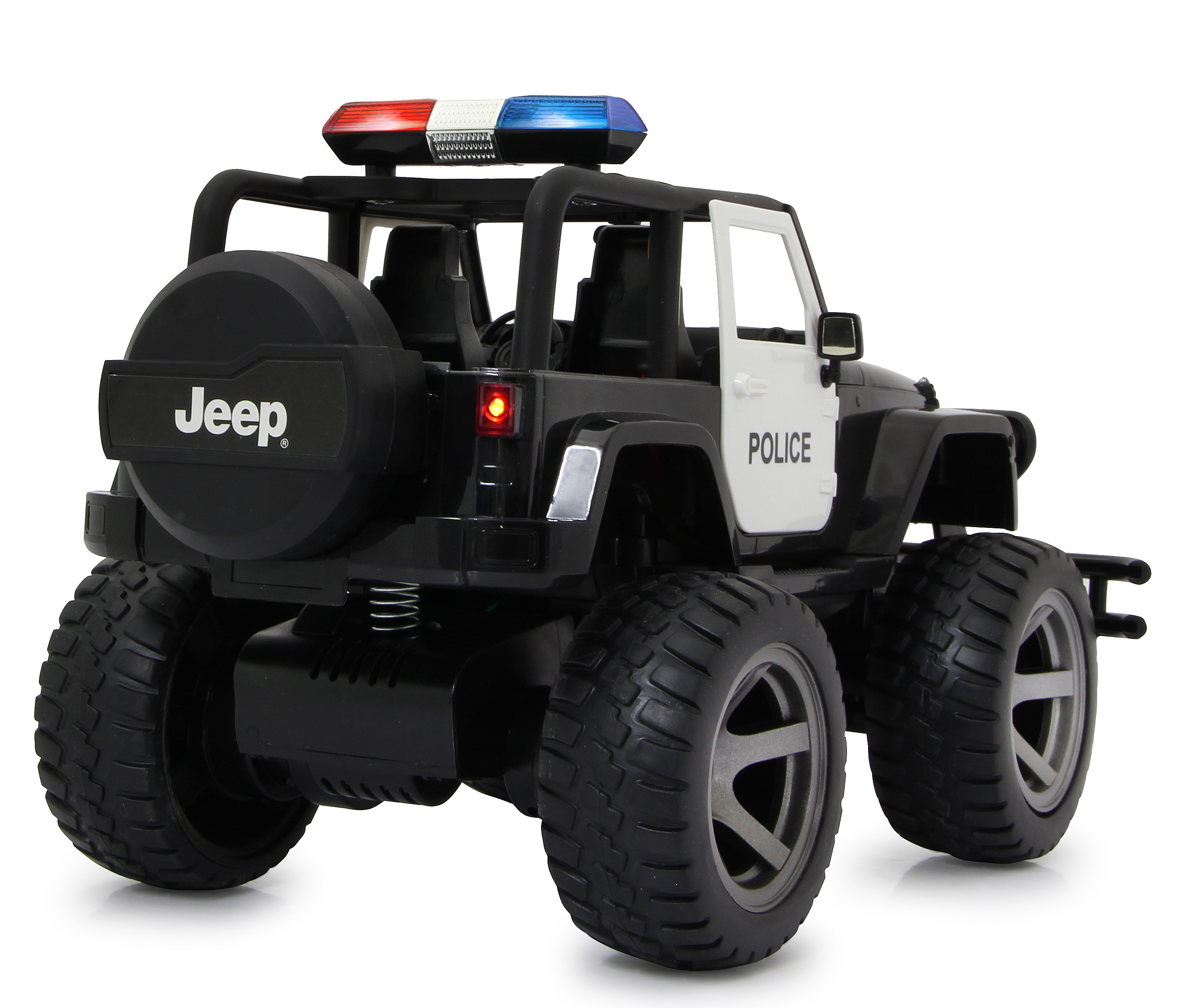 Rückansicht eines schwarz-weißen Polizei-Jeep-Spielzeugs mit Blinklichtern.