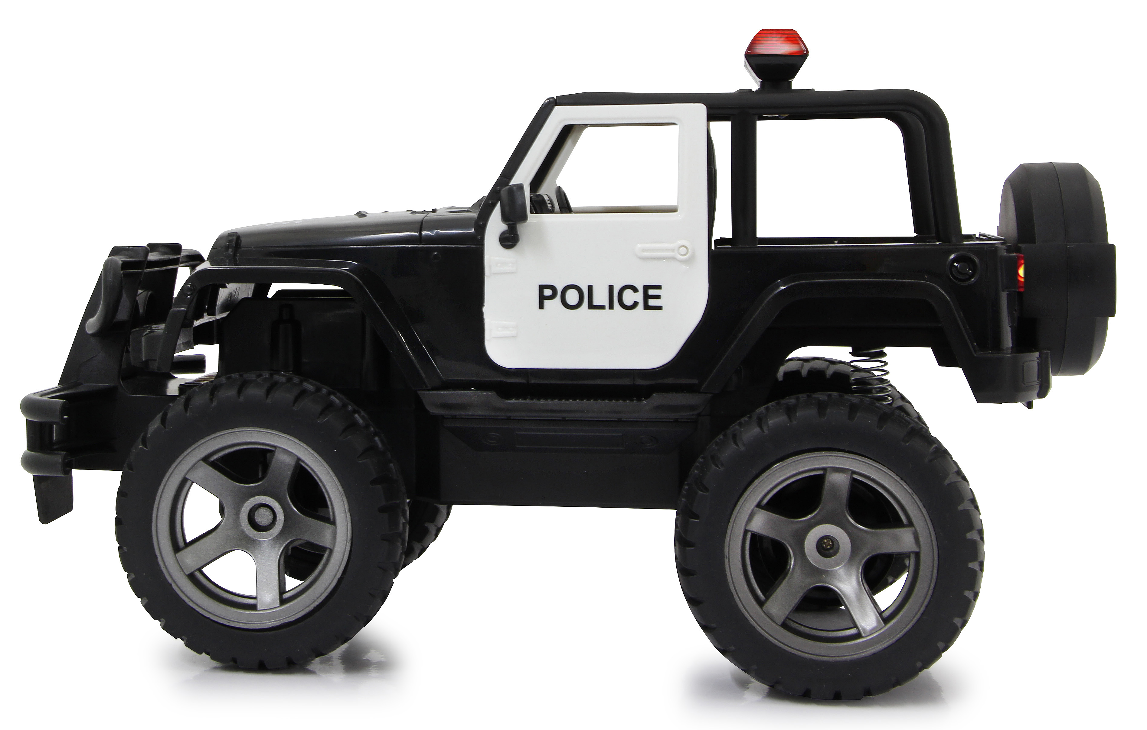 Schwarz-weißer Polizei-Jeep als Spielzeug von der Seite. Die Hintertür ist offen.