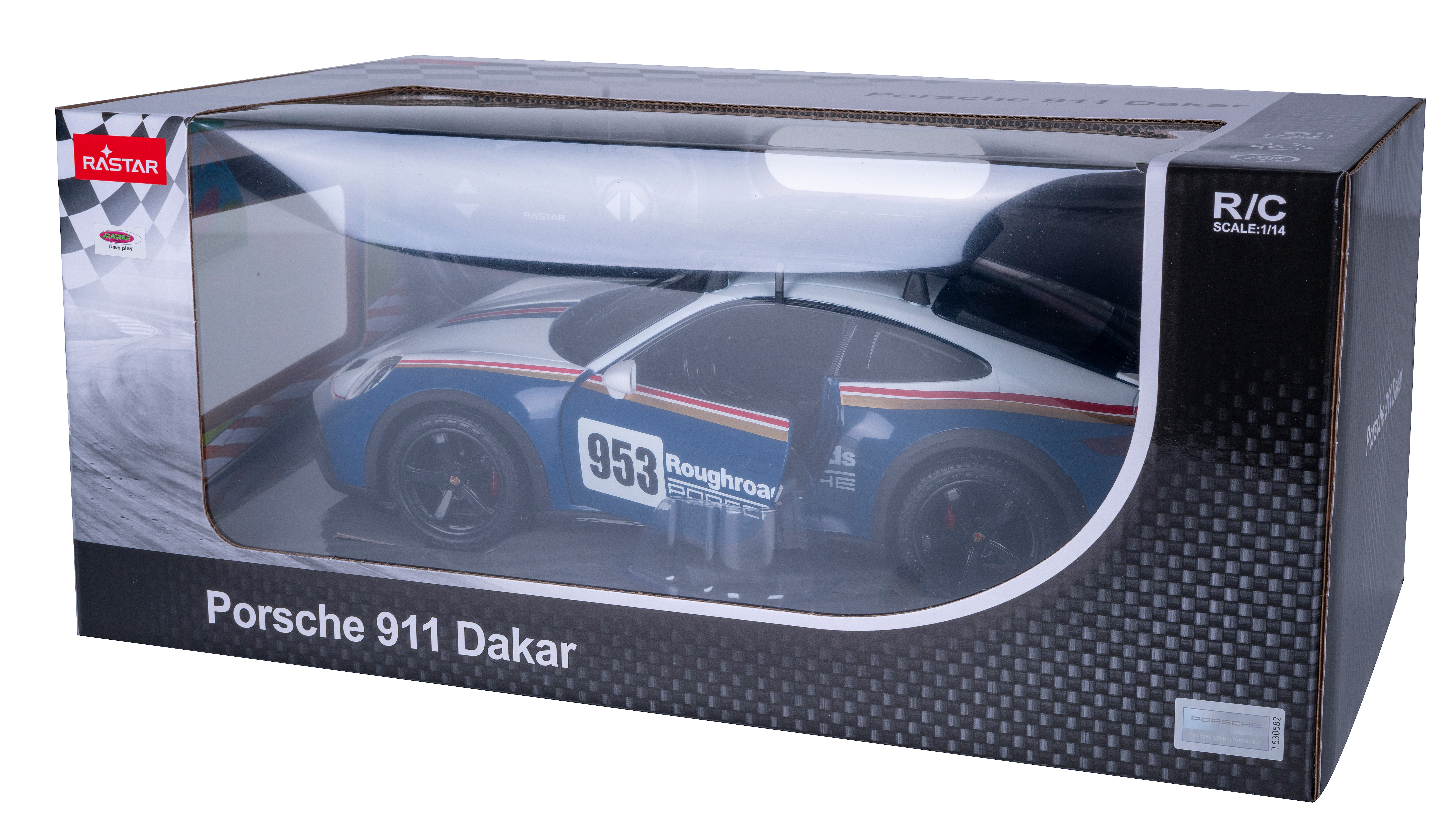 Ein Spielzeug-Porsche 911 Dakar in einer Box. Er ist blau und weiß mit einer transparenten Kunststofffront.