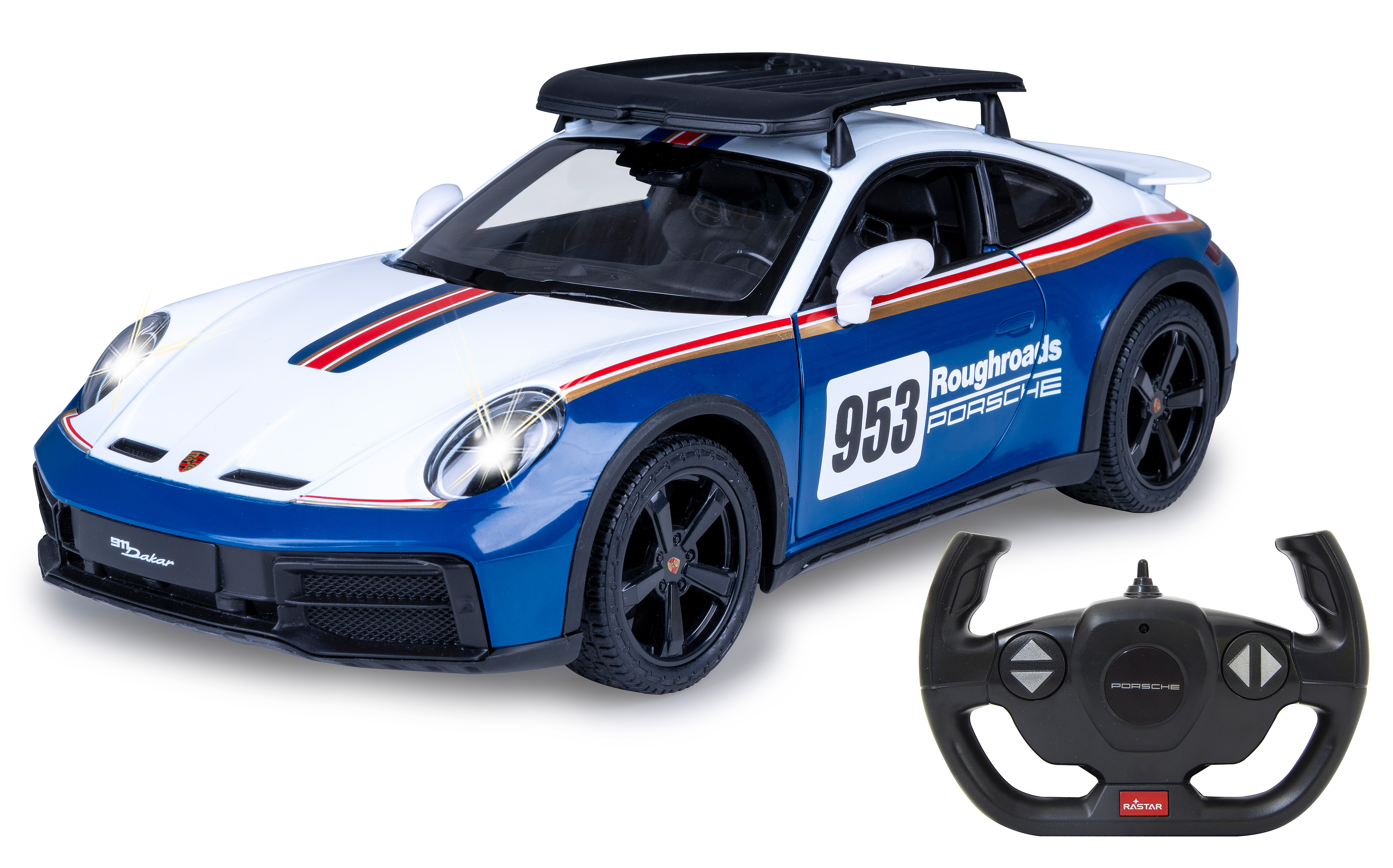 Ein blau-weißer Spielzeug-Porsche 911 Dakar. Er hat Scheinwerfer an und eine Fernbedienung darunter.