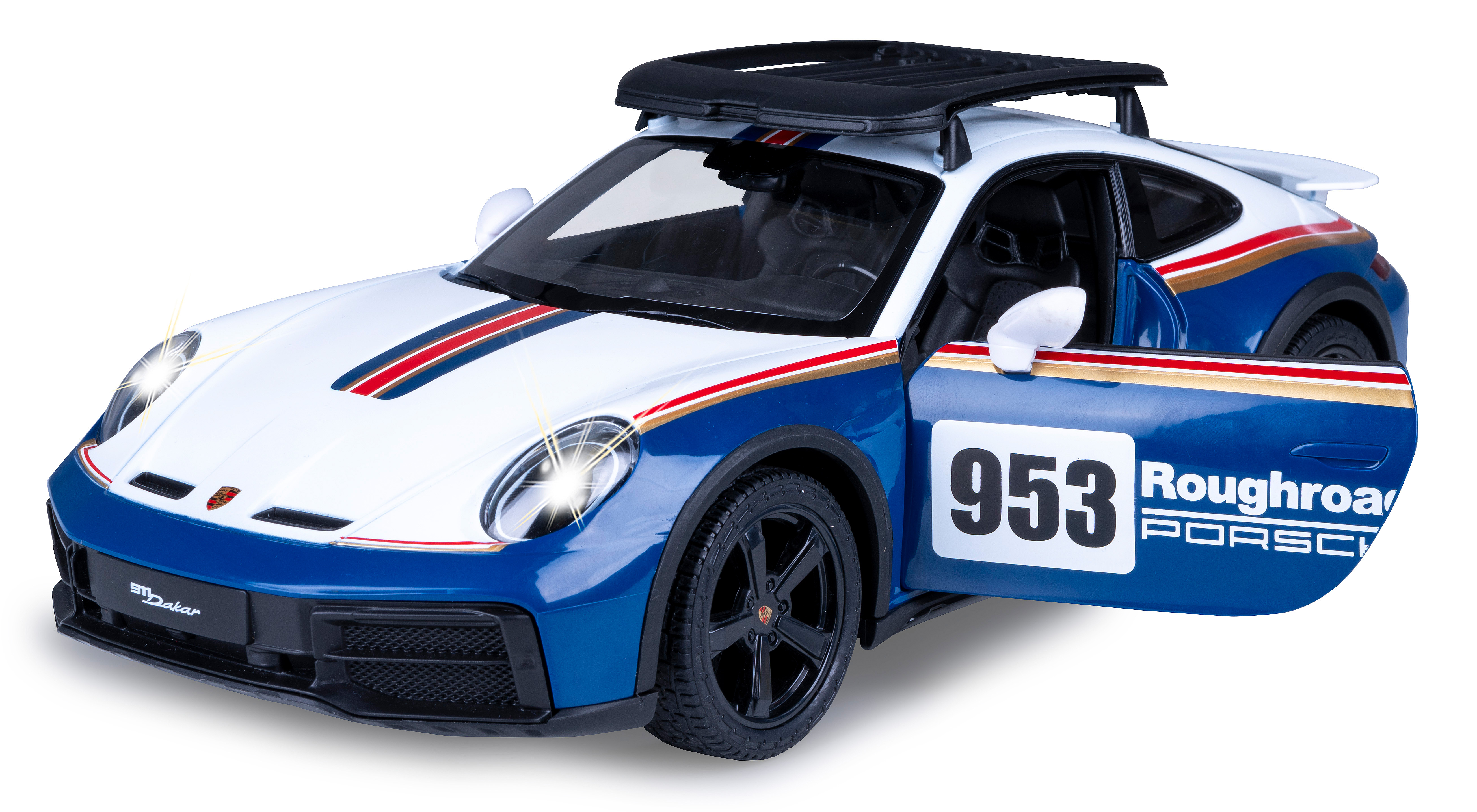 Ein Spielzeug-Porsche 911 Dakar, blau und weiß, mit offener Tür. Die Scheinwerfer sind an und die Nummer 953.