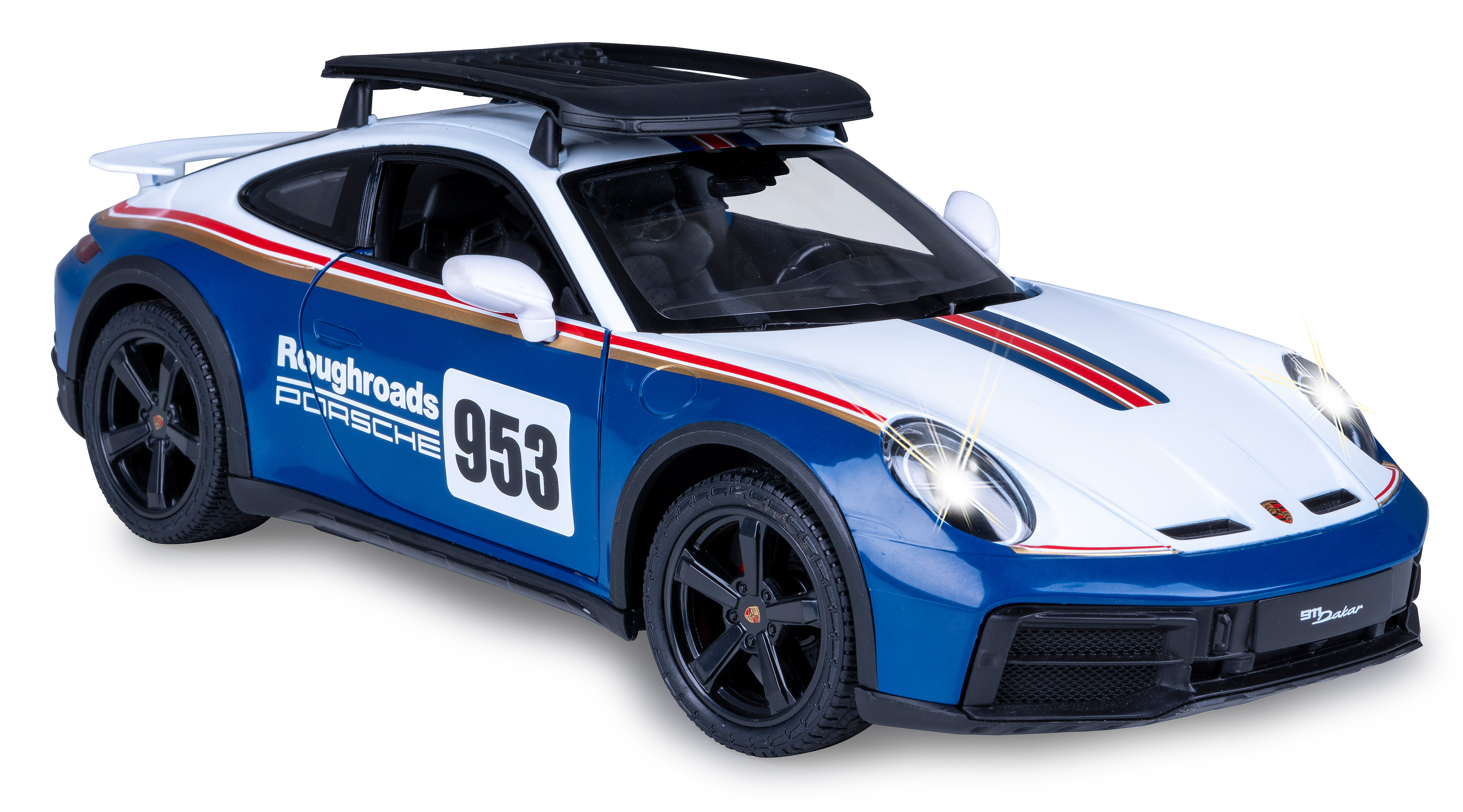 Ein Spielzeug-Porsche 911 Dakar in Blau und Weiß. Das Auto hat einen Dachgepäckträger und die Nummer 953.