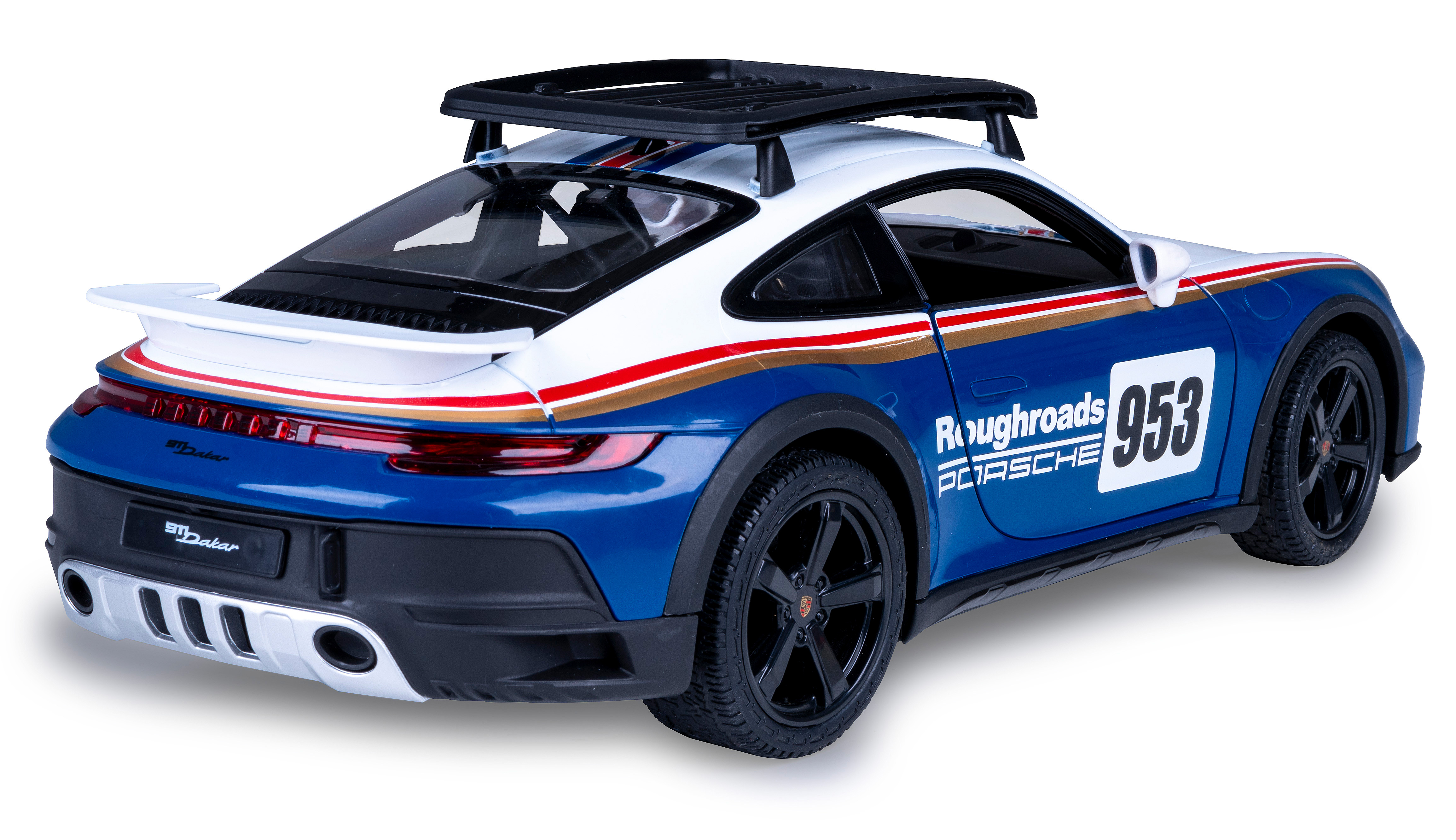 Ein Spielzeug-Porsche 911 Dakar, blau und weiß, von hinten. Er hat einen Dachgepäckträger, die Nummer 953 und Lichter.