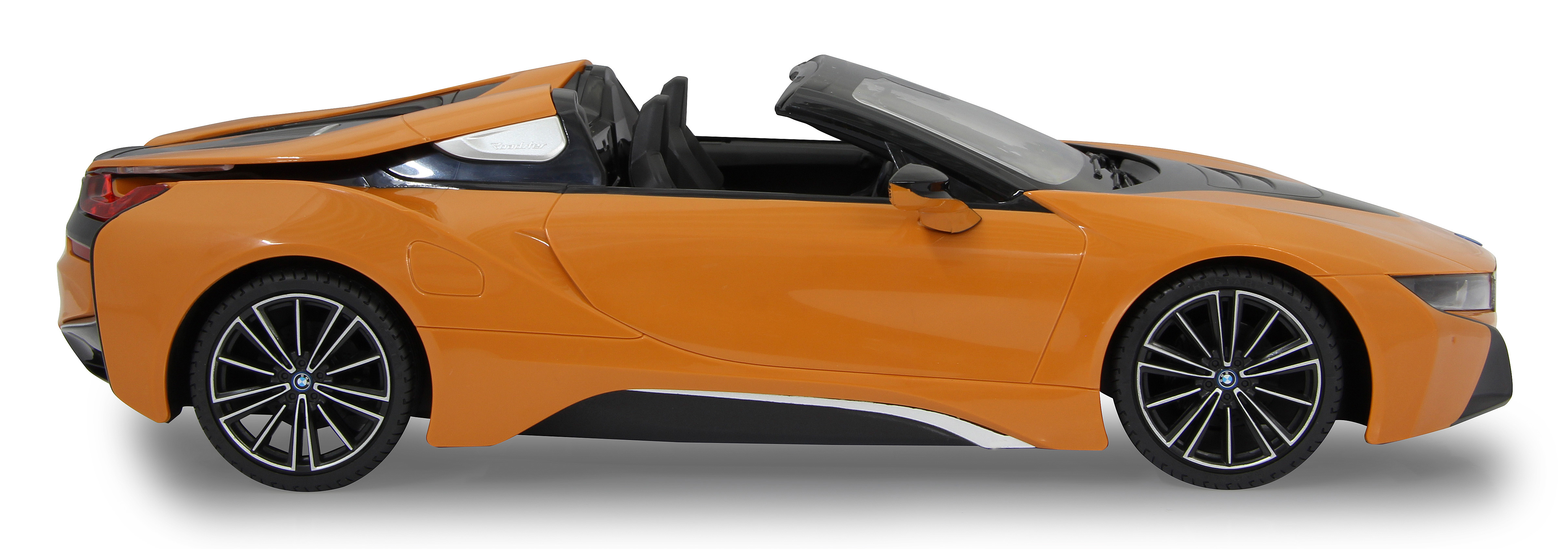 Ein orangefarbenes BMW i8 Roadster Spielzeugauto, Seitenansicht. Es hat schwarze Akzente.