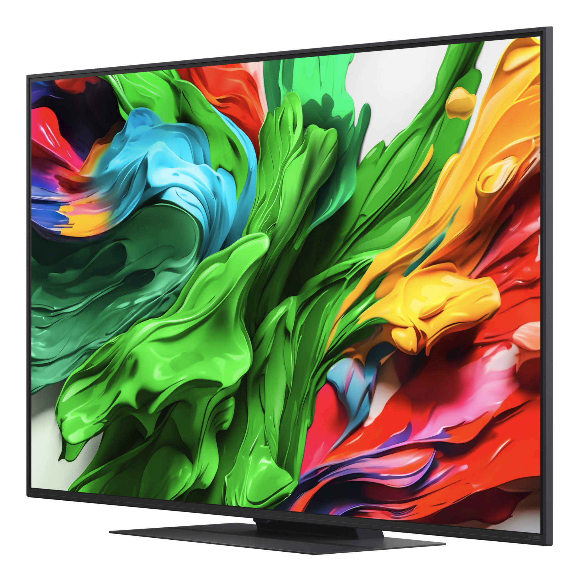 Una televisione moderna che mostra forme astratte colorate su sfondo bianco.