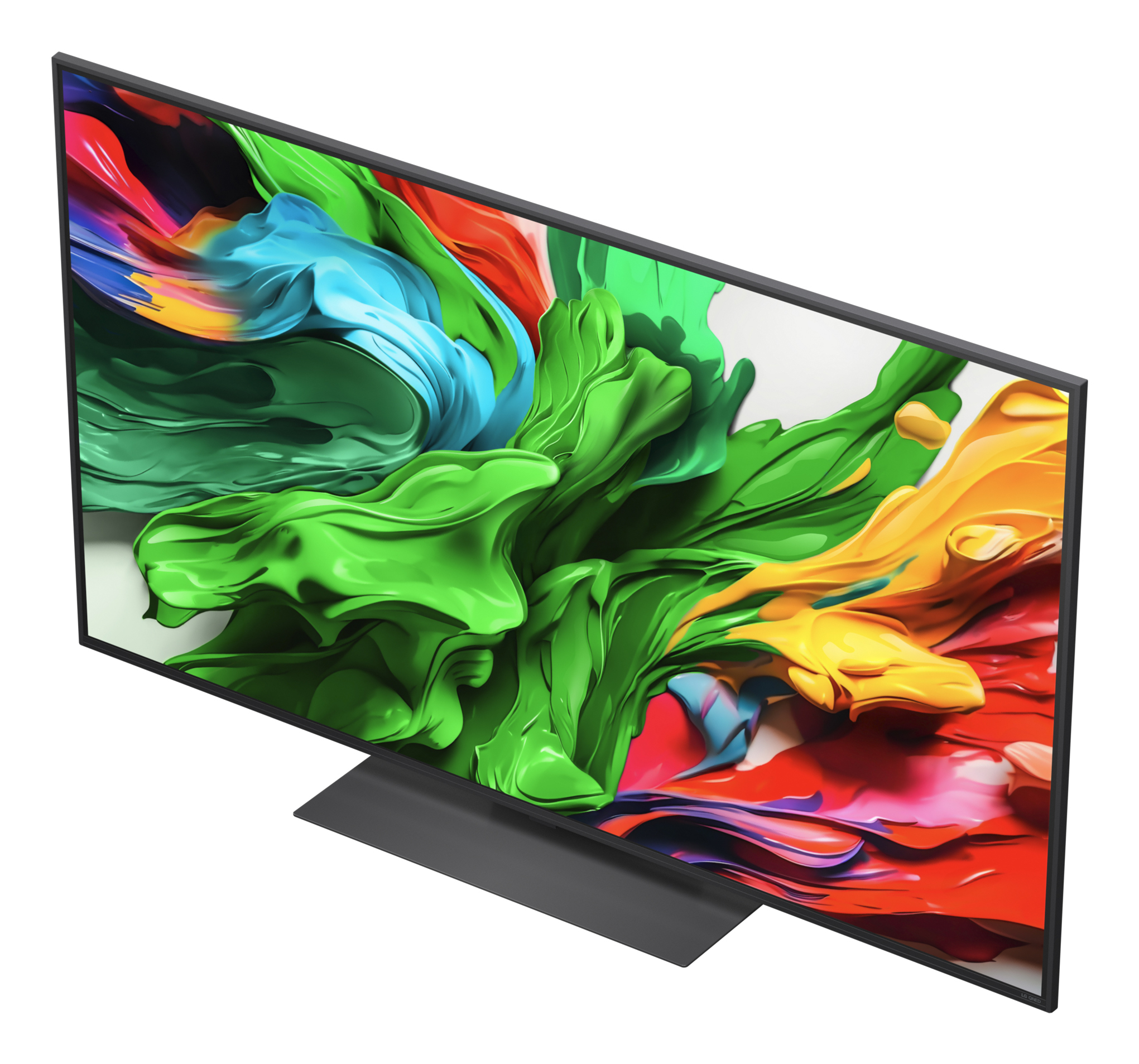 Lo schermo TV mostra arte astratta colorata, su un supporto nero.