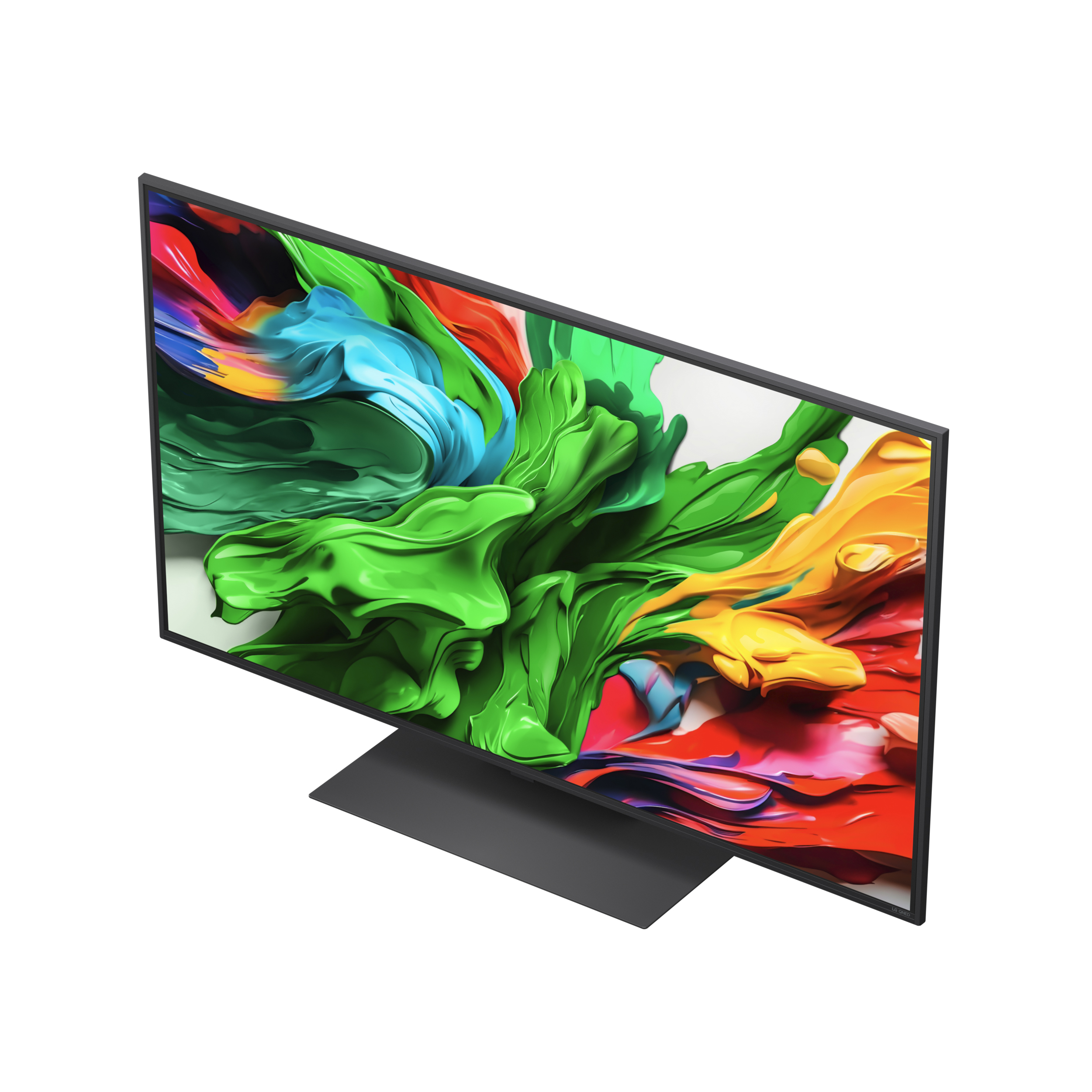 La TV mostra arte astratta colorata. Ha cornice e base neri.
