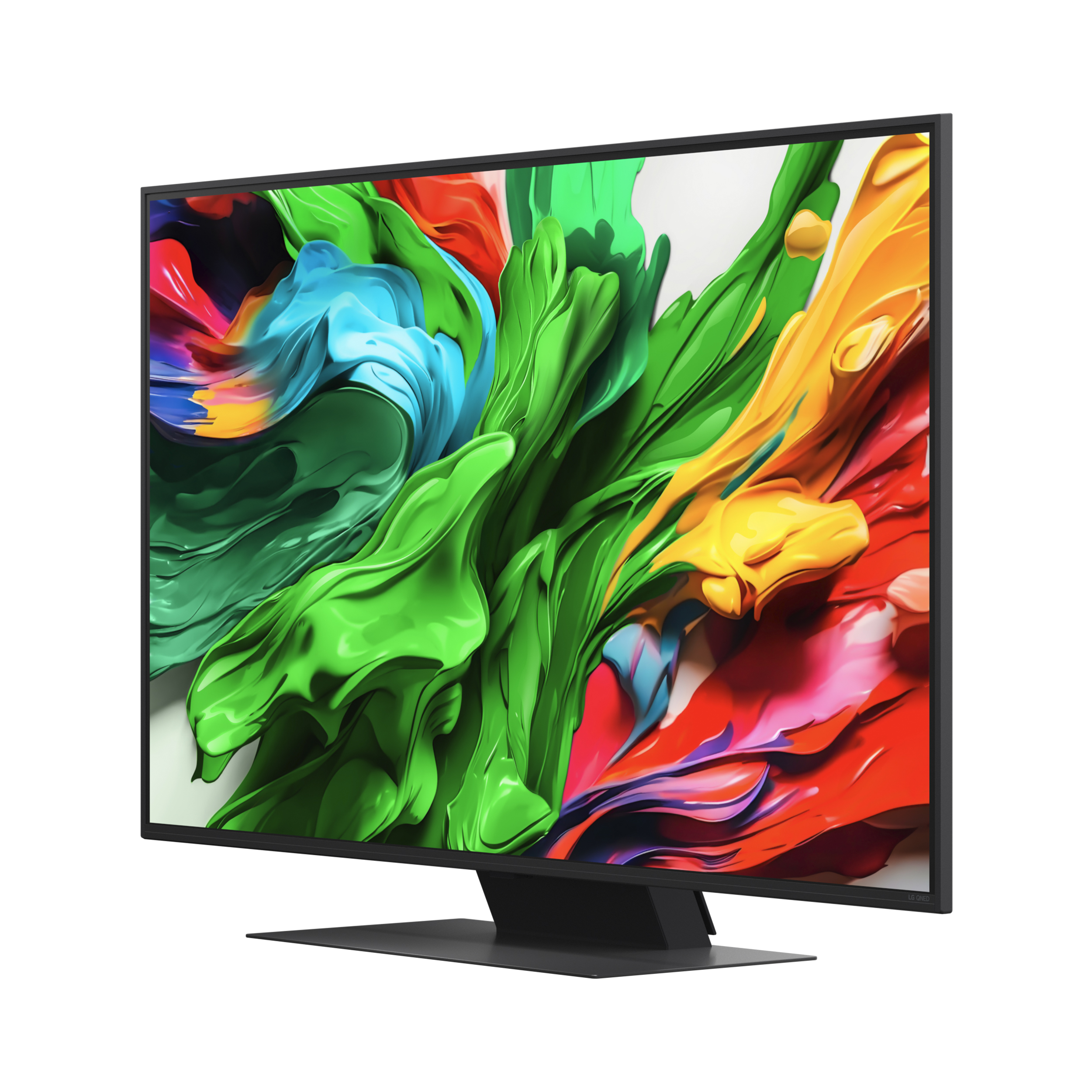 TV che mostra arte astratta. Cornice e supporto neri. Sfondo bianco.