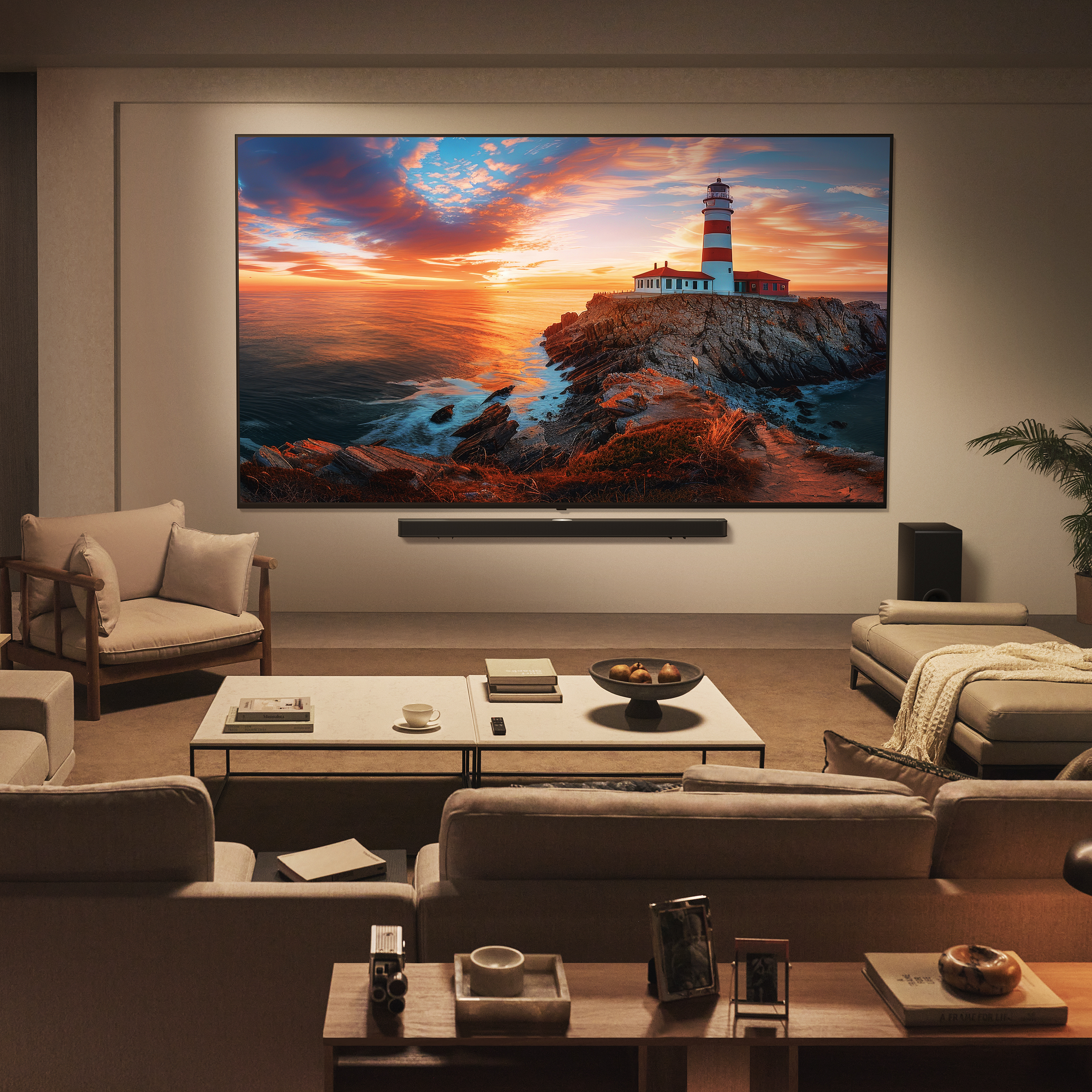 Wohnzimmer mit großem Fernseher, der eine Leuchtturmszene zeigt. Sofas, Stühle und ein Couchtisch sind im Raum.