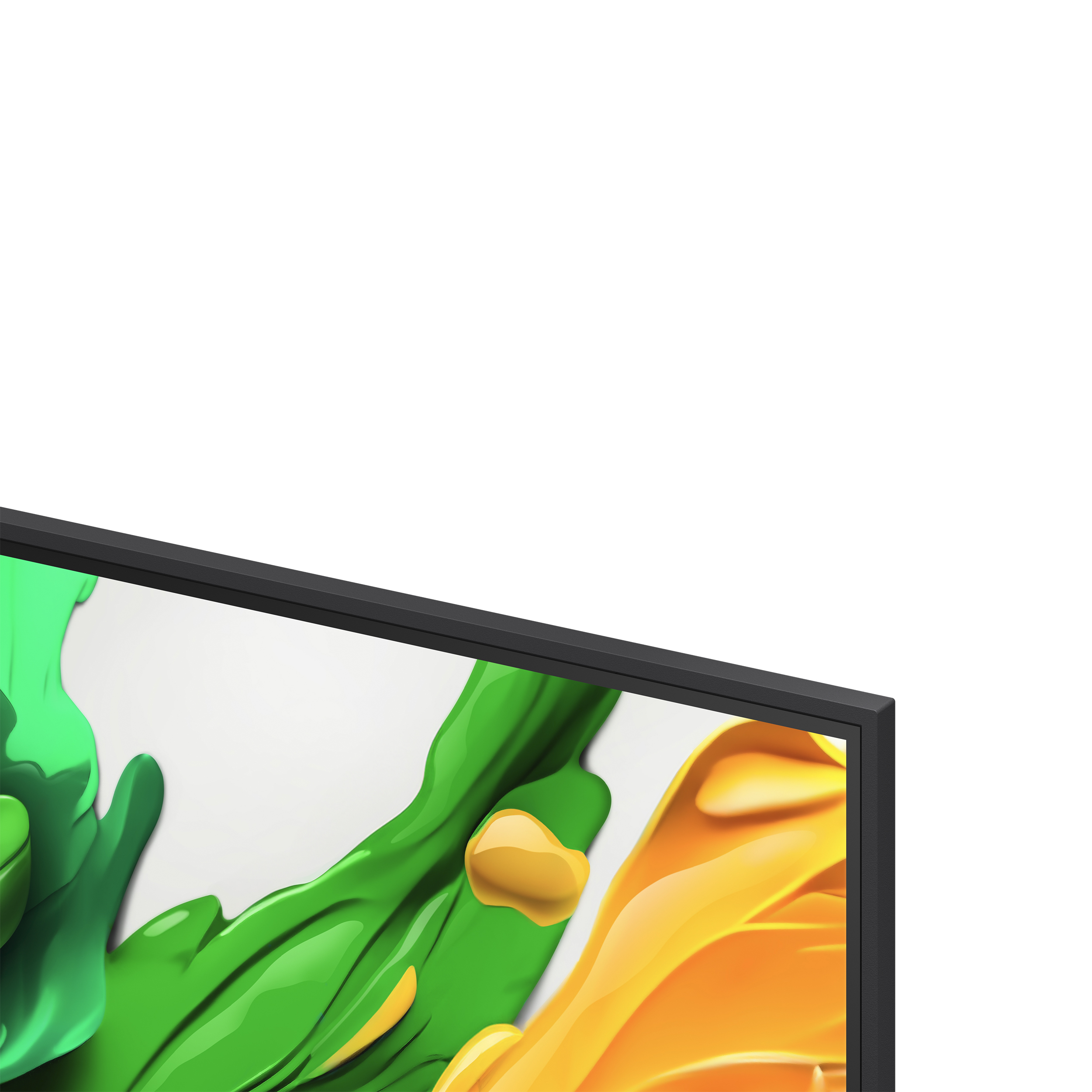 Zbliżenie na telewizor. Ekran wyświetla sztukę abstrakcyjną. Czarna ramka.