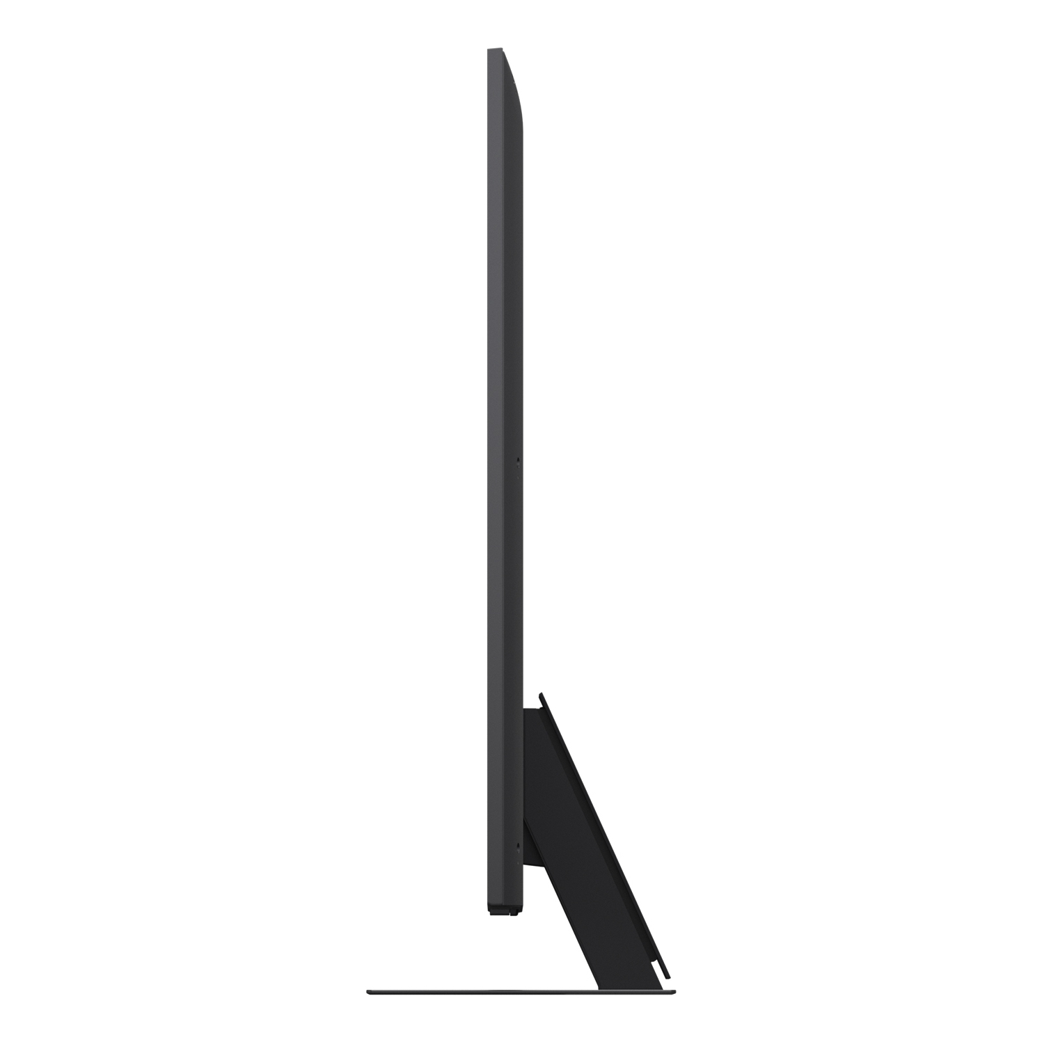 Profilo laterale di una TV. È sottile e nero, su un supporto nero.