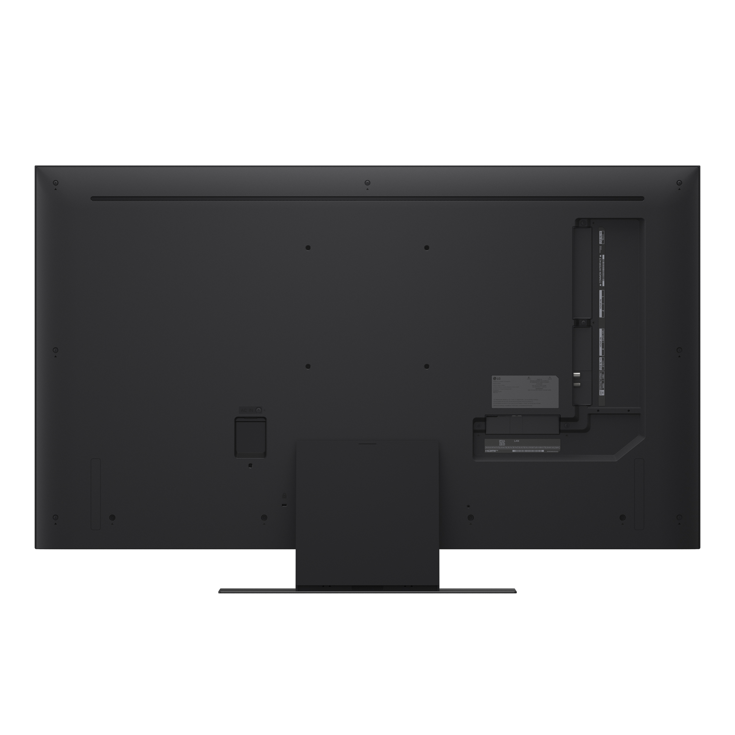 Retro di una TV nera. Porte, supporto e area rettangolare.