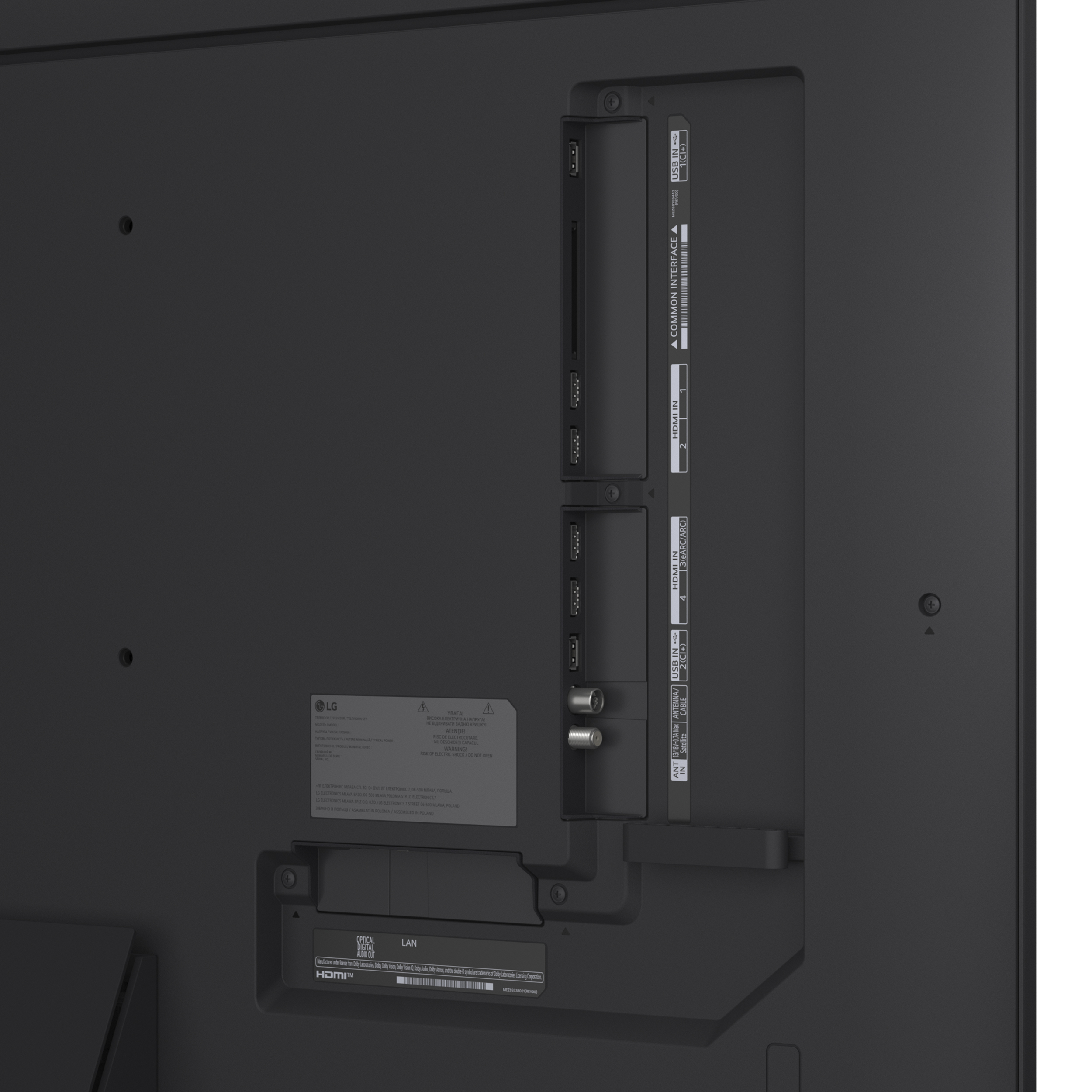 Primo piano delle porte TV. Varie porte ed etichette su una superficie grigia.