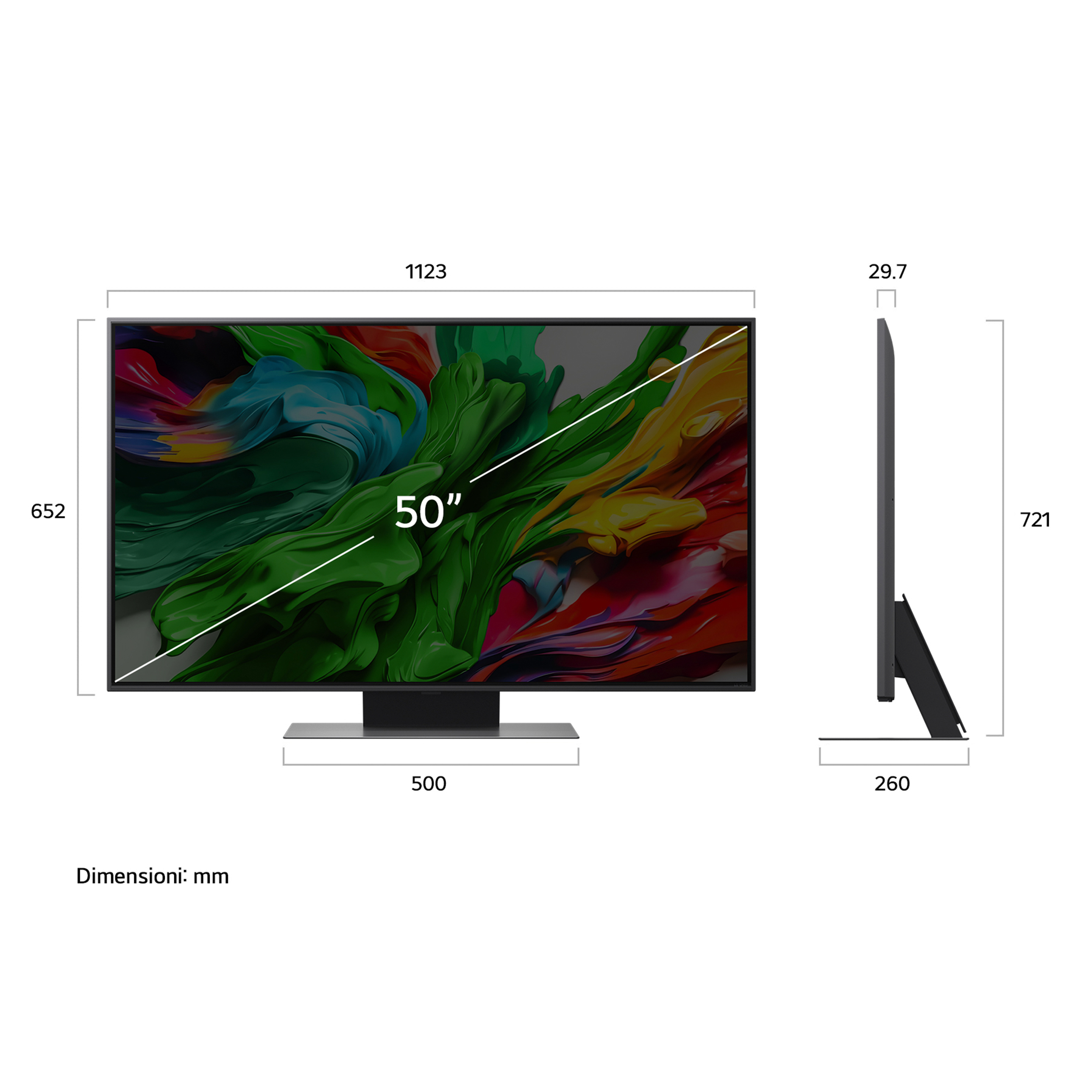 Diagramma di una TV. Mostra le dimensioni in mm. Include le misure dello schermo e del supporto.