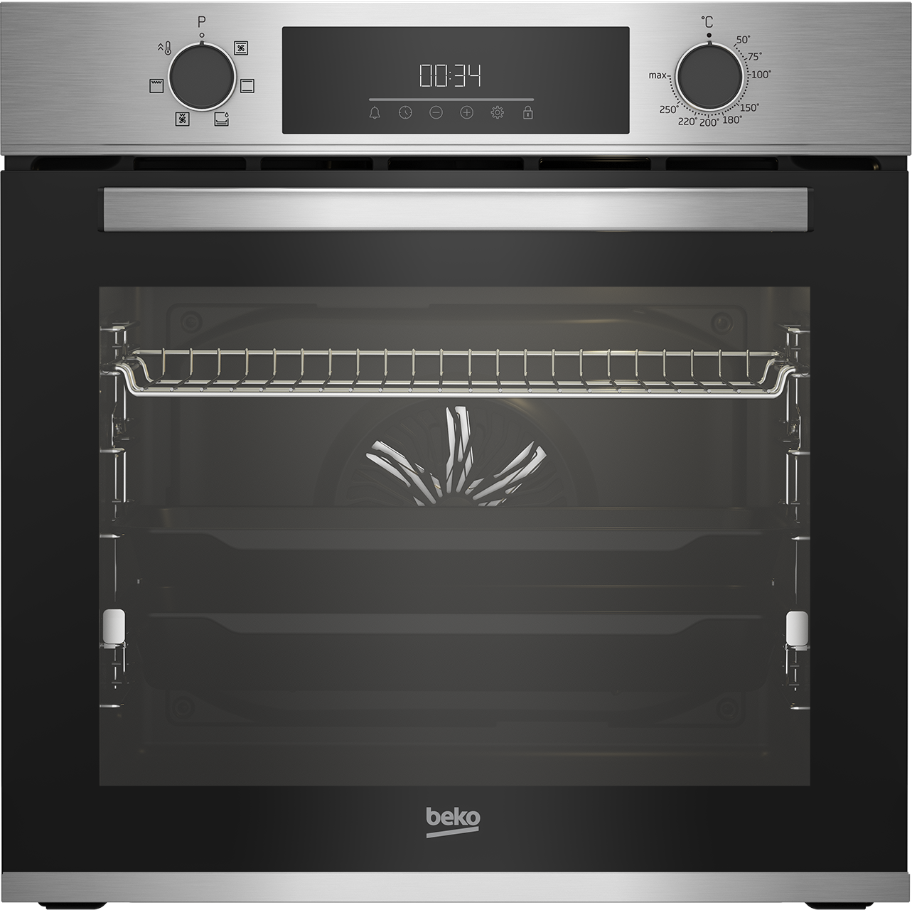 Horno plateado y negro con puerta de cristal, panel de control en la parte superior y asa cromada.
