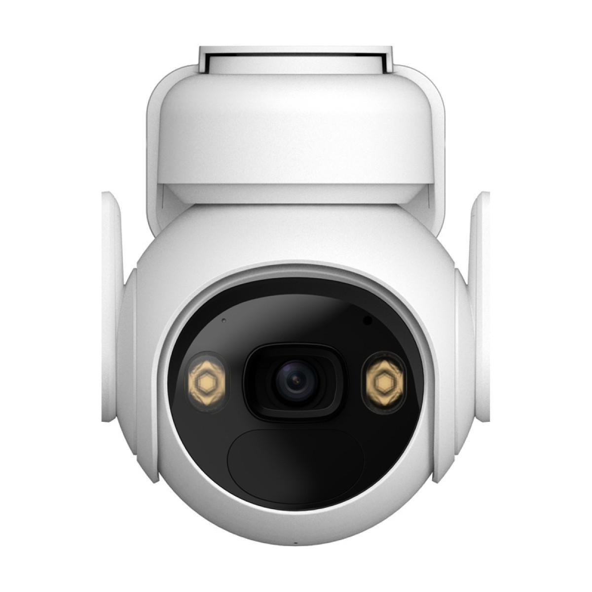 Biała kamera bezpieczeństwa z czarnym obiektywem, dwoma czujnikami światła i obrotową podstawą.