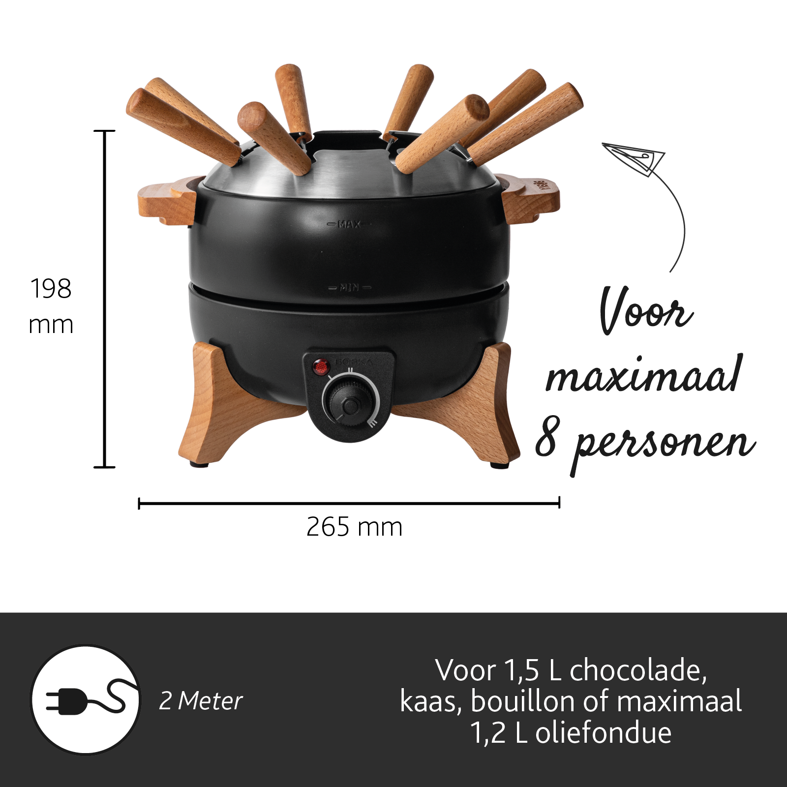 Fondue set with dimensions, text for 8 persons.