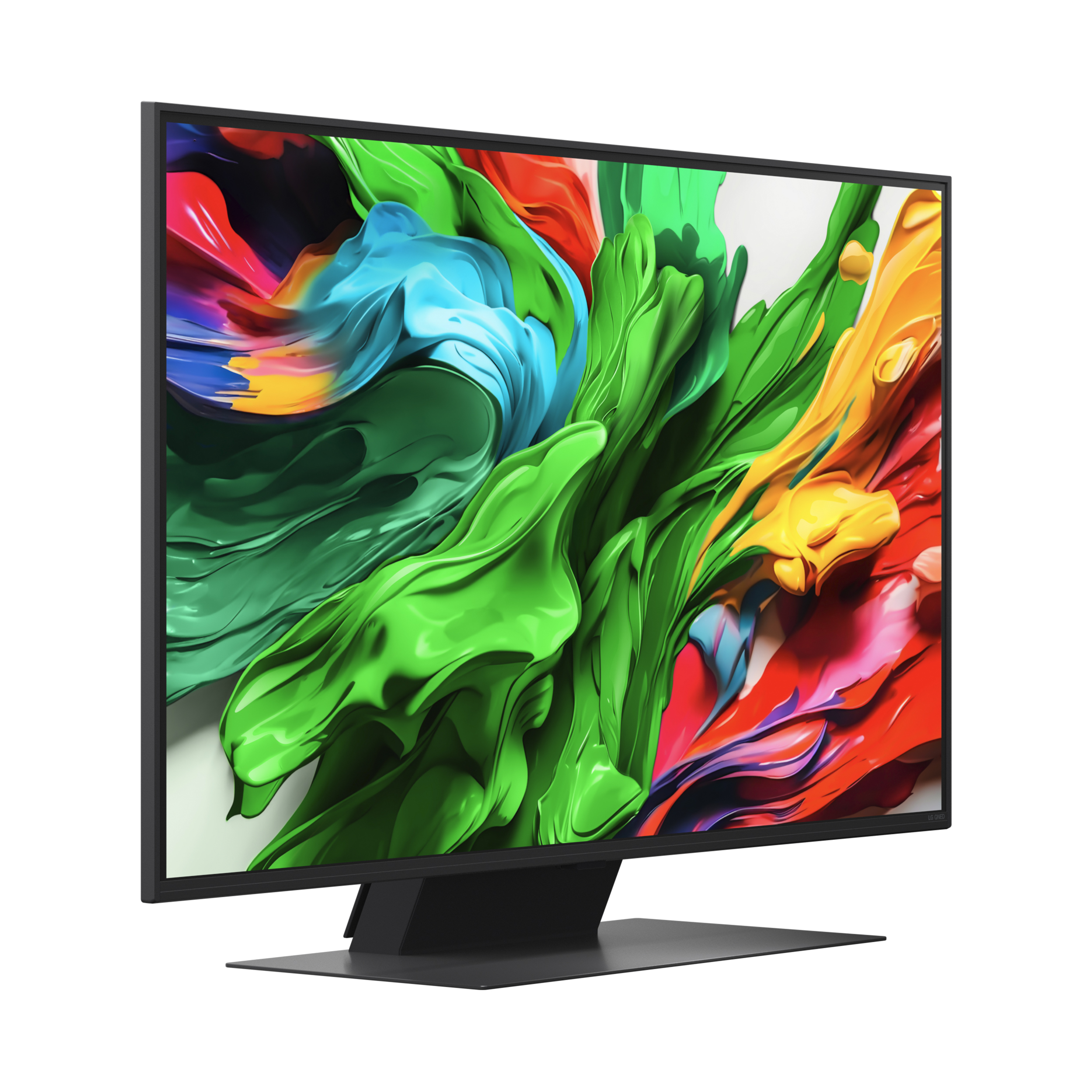 Ein moderner Monitor zeigt ein abstraktes, farbenfrohes, wirbelndes Design auf weißem Hintergrund.