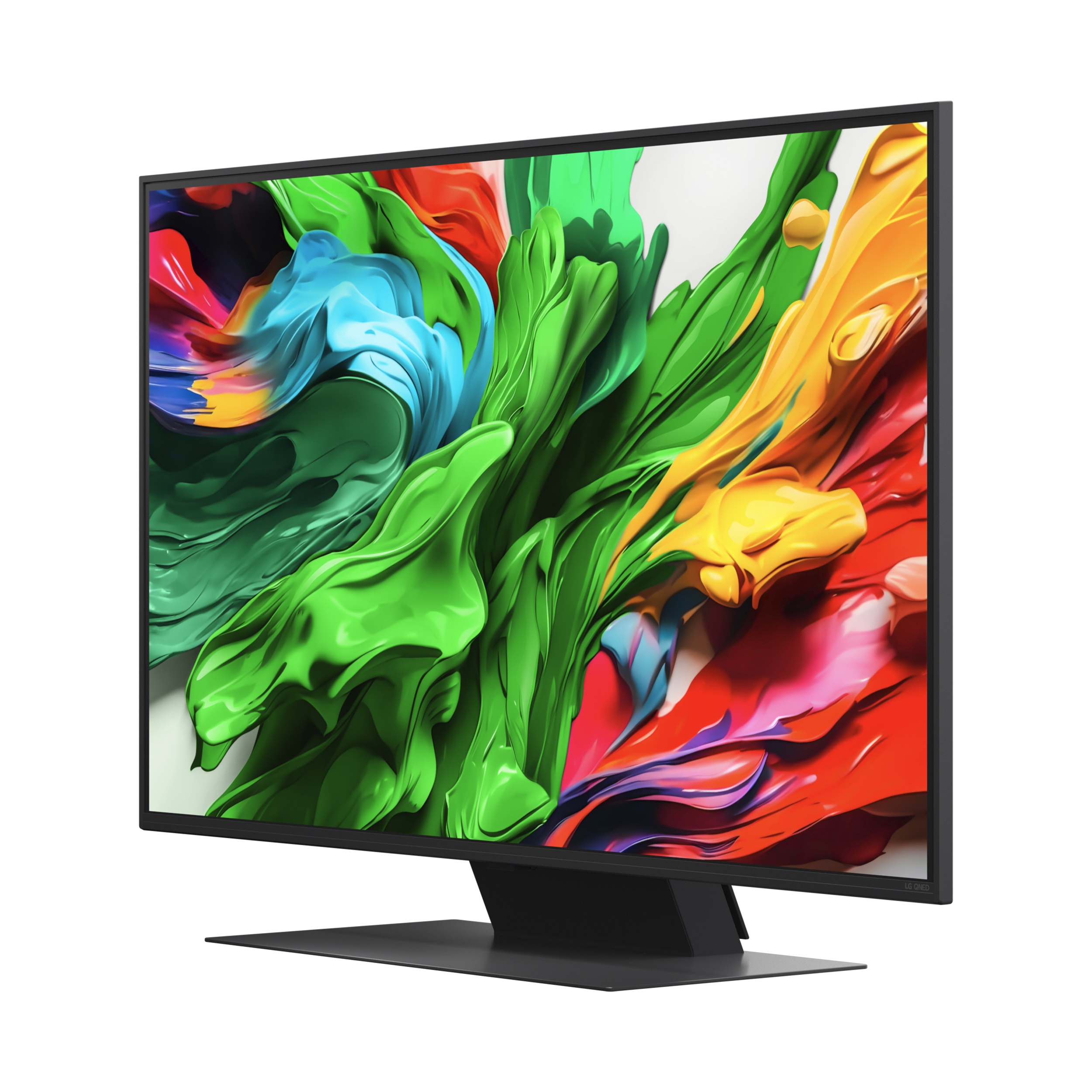 Ein moderner Monitor zeigt ein abstraktes, farbenfrohes, wirbelndes Design auf weißem Hintergrund.