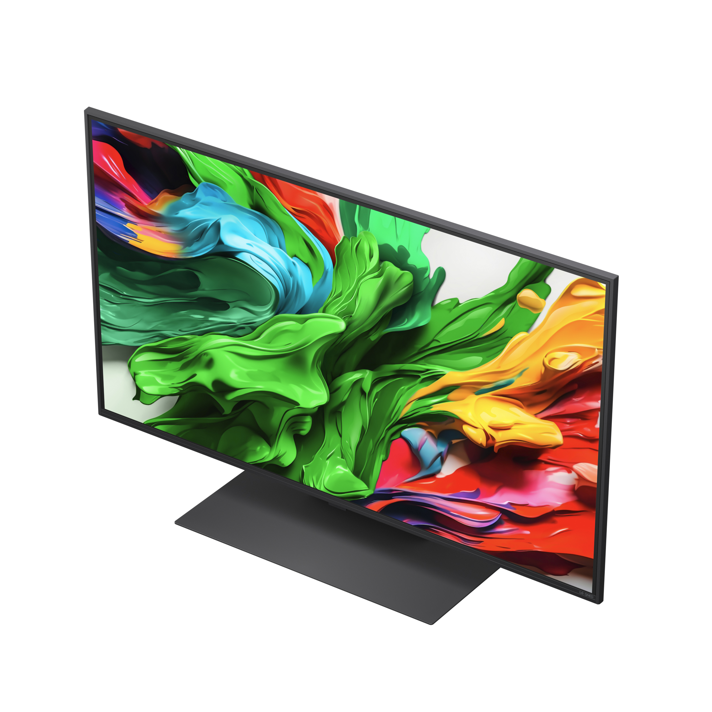 Fernseher mit farbenfrohem, abstraktem Gemälde. Schwarzer Rahmen, schwarzer Ständer.