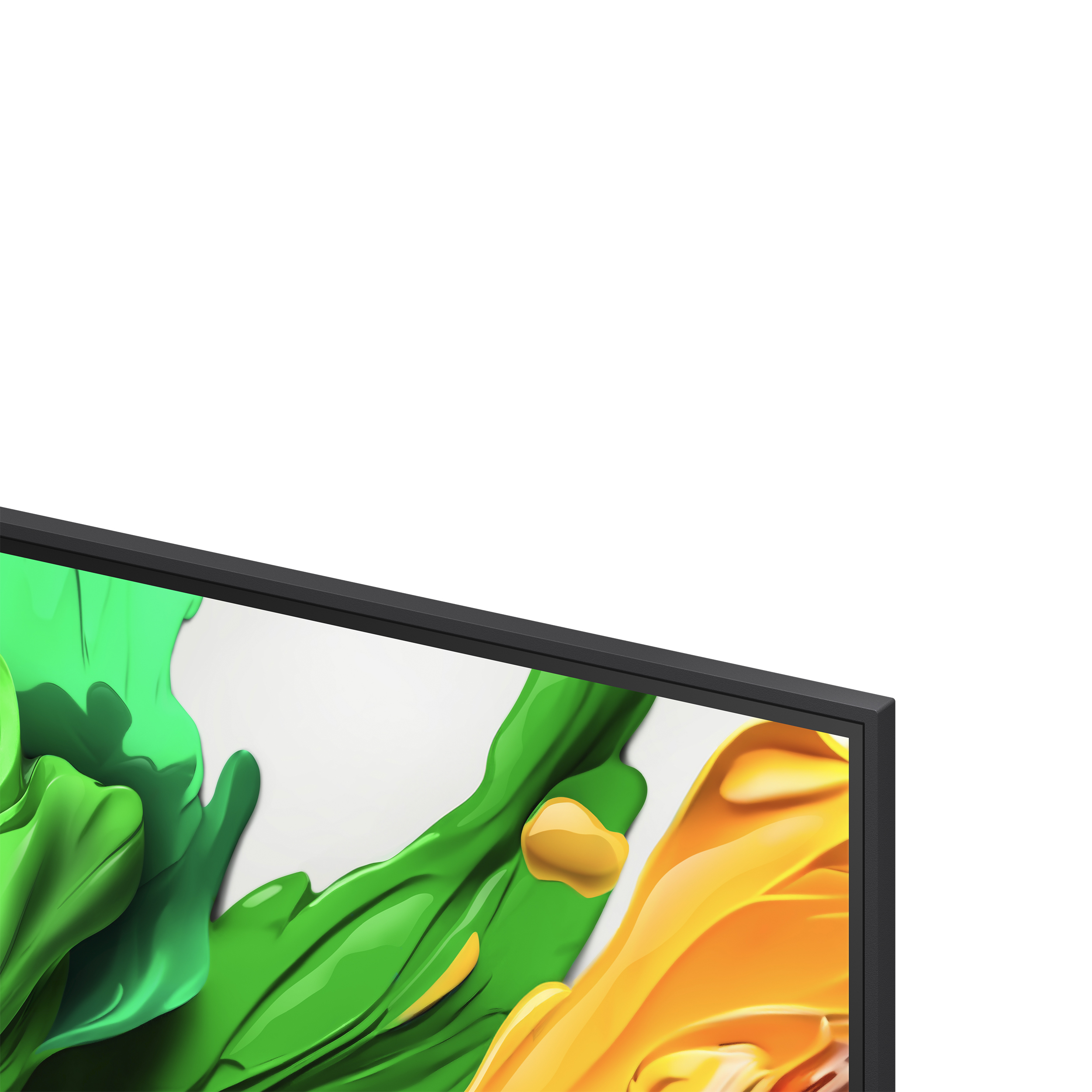 Zbliżenie czarnego ekranu telewizora z zielonymi i żółtymi wirami farby.