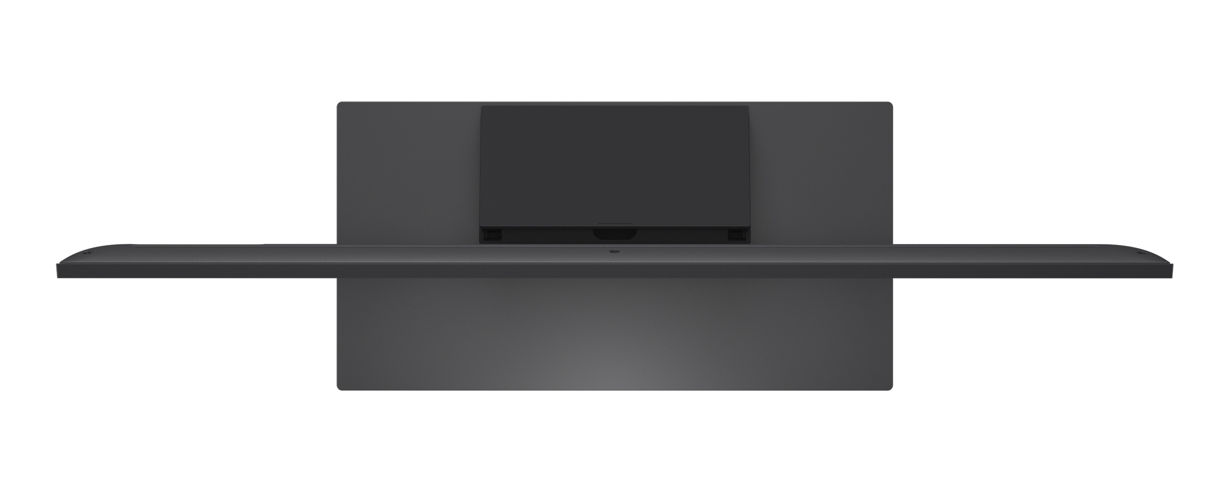 Rückansicht eines dunkelgrauen Fernsehers mit angebrachtem Regal vor einem weißen Hintergrund.