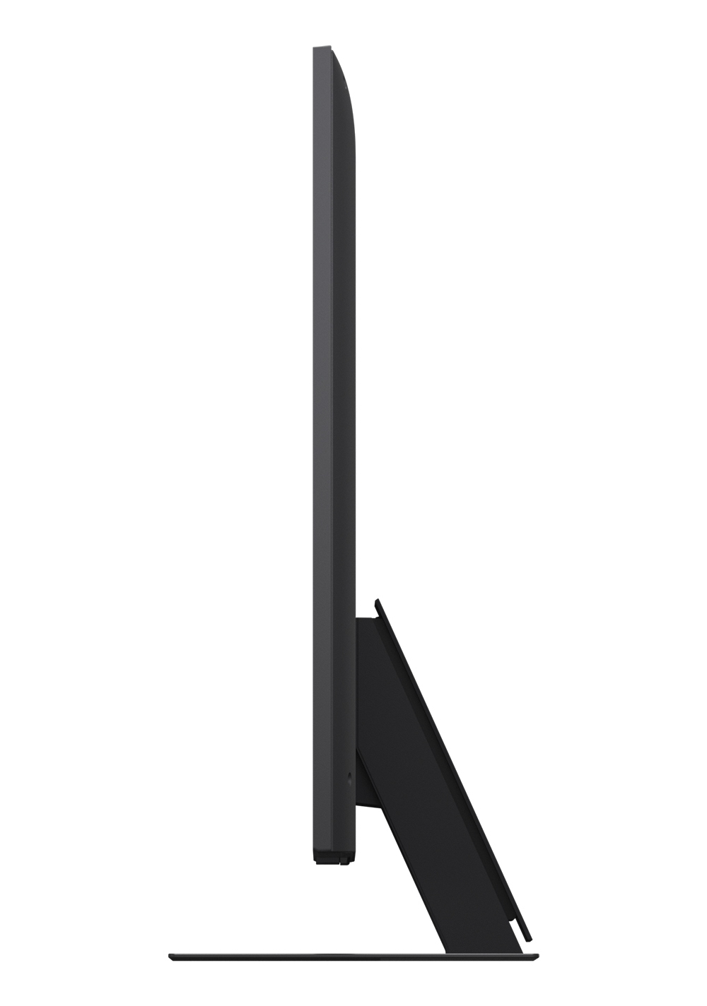 Seitenansicht eines schwarzen Fernsehers mit dunklem Ständer vor einem schlichten weißen Hintergrund. Das Design ist modern und elegant.