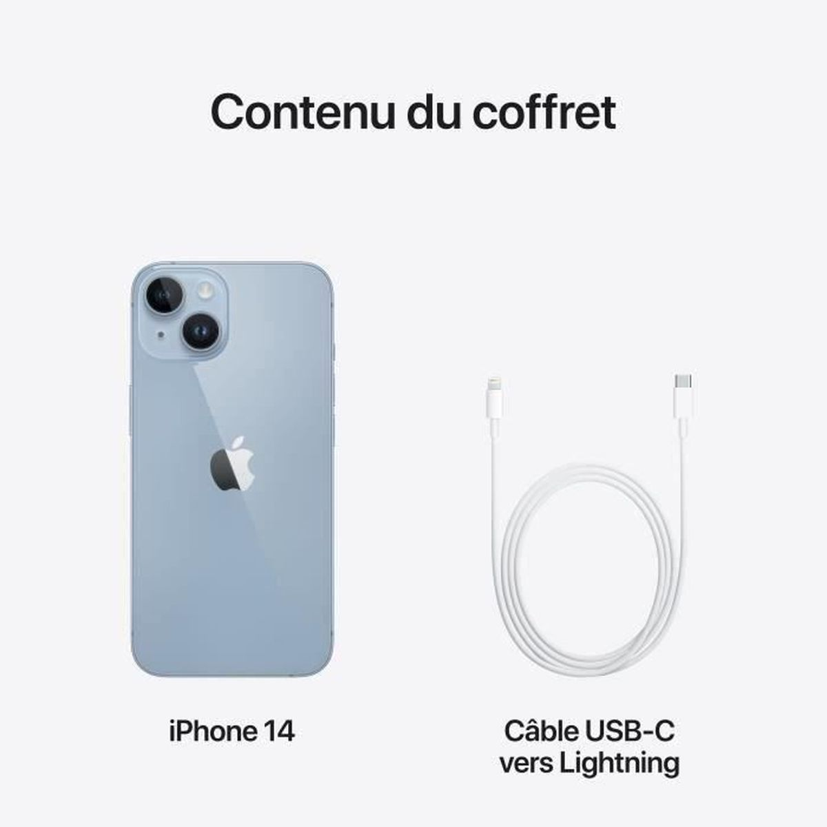 Obraz przedstawia iPhone'a 14 i kabel USB-C do Lightning, reprezentujące zawartość pudełka.