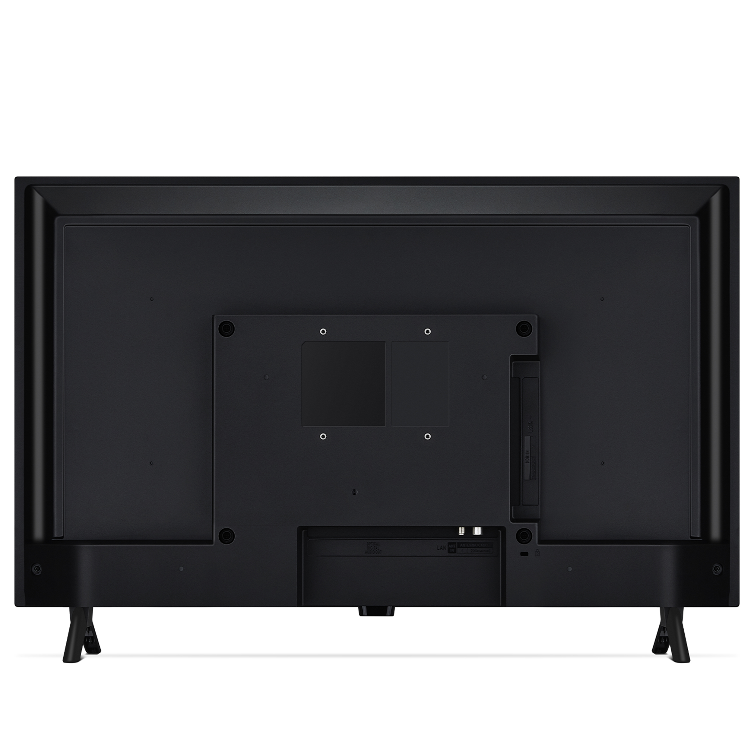 Tył telewizora LG pokazuje porty, złącza i mocowania podstawy na białym tle.