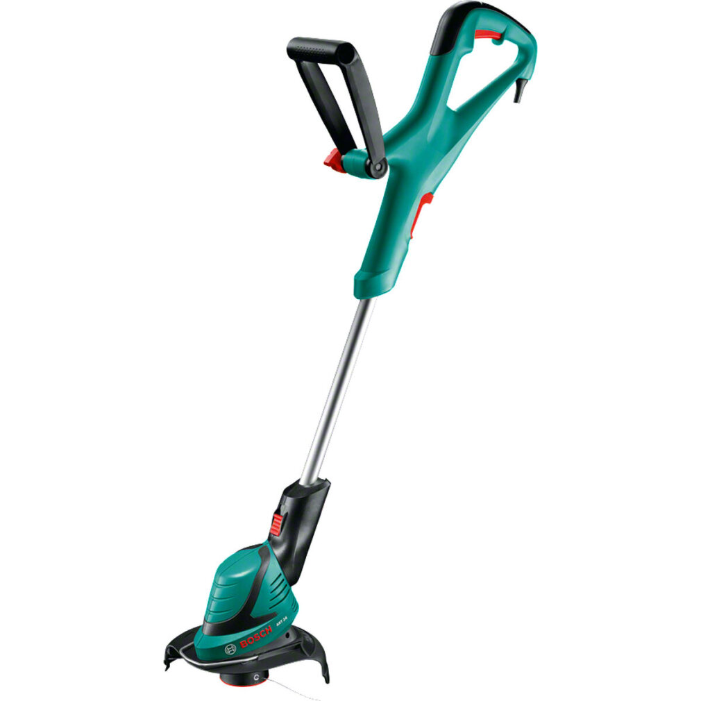 Un cortacésped eléctrico Bosch, verde y negro con un botón rojo, sobre fondo blanco.