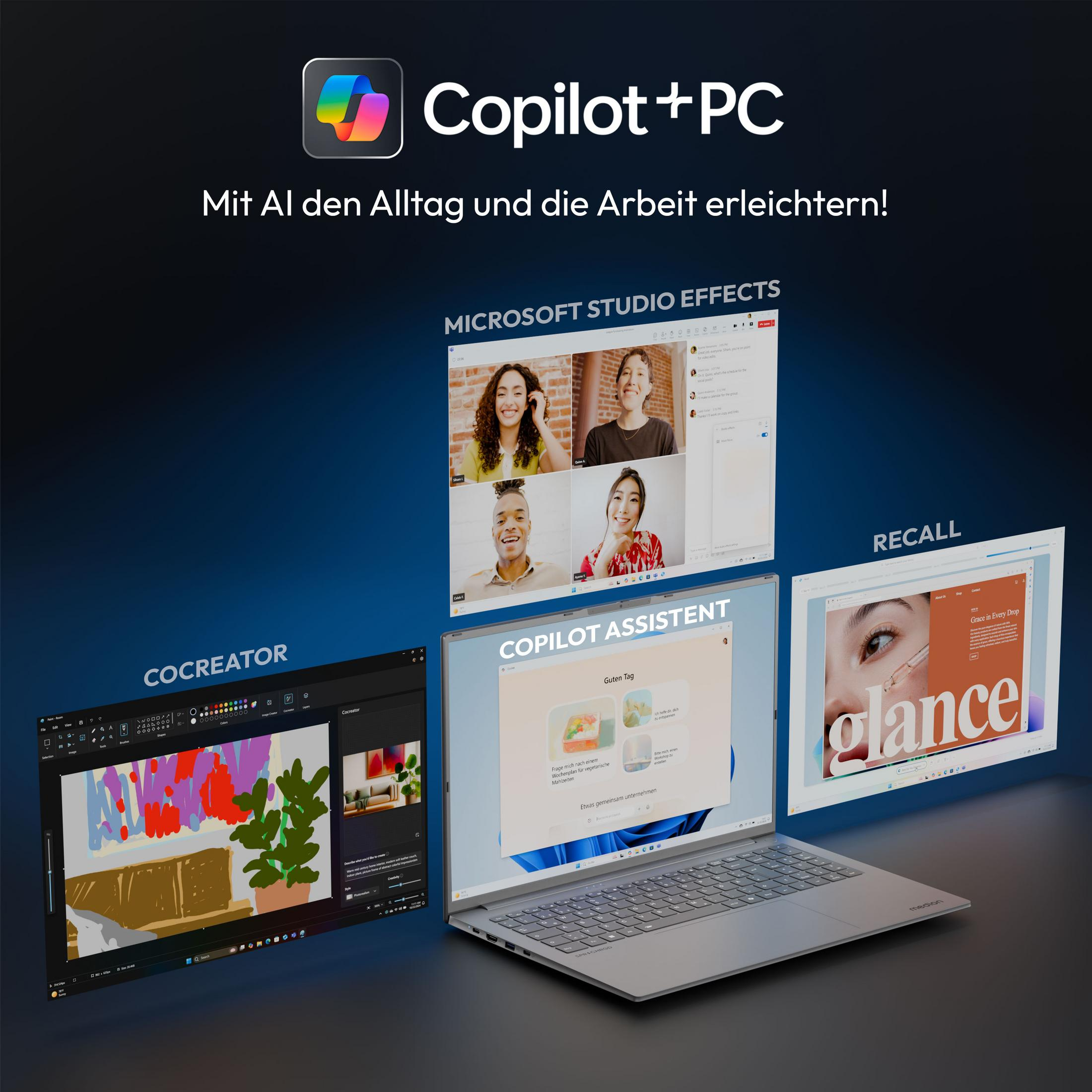 Ein Laptop mit mehreren Bildschirmen mit Text und Logos zu Copilot+PC-Funktionen.